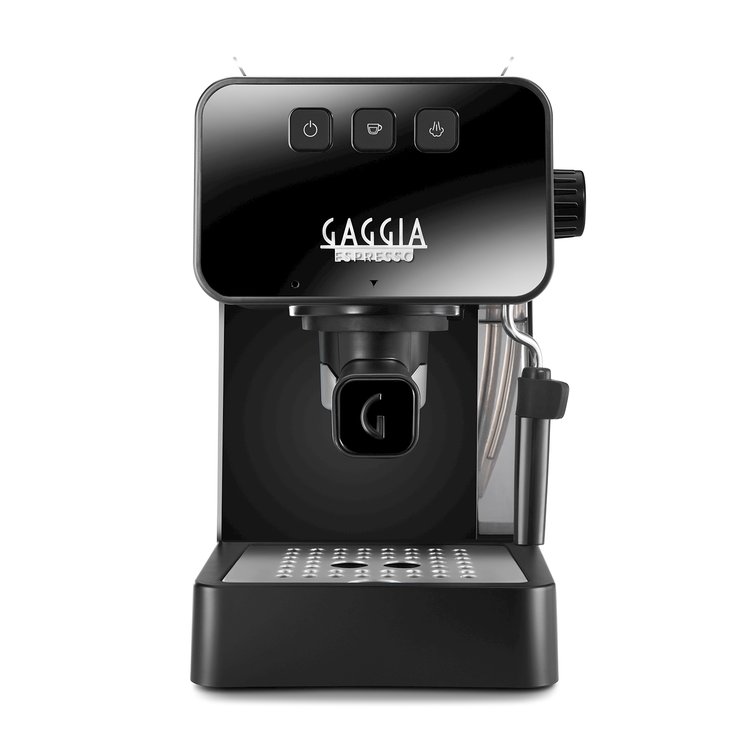 Macchina per espresso Gaggia nera con logo G, pulsanti e lancia vapore. Sfondo bianco.