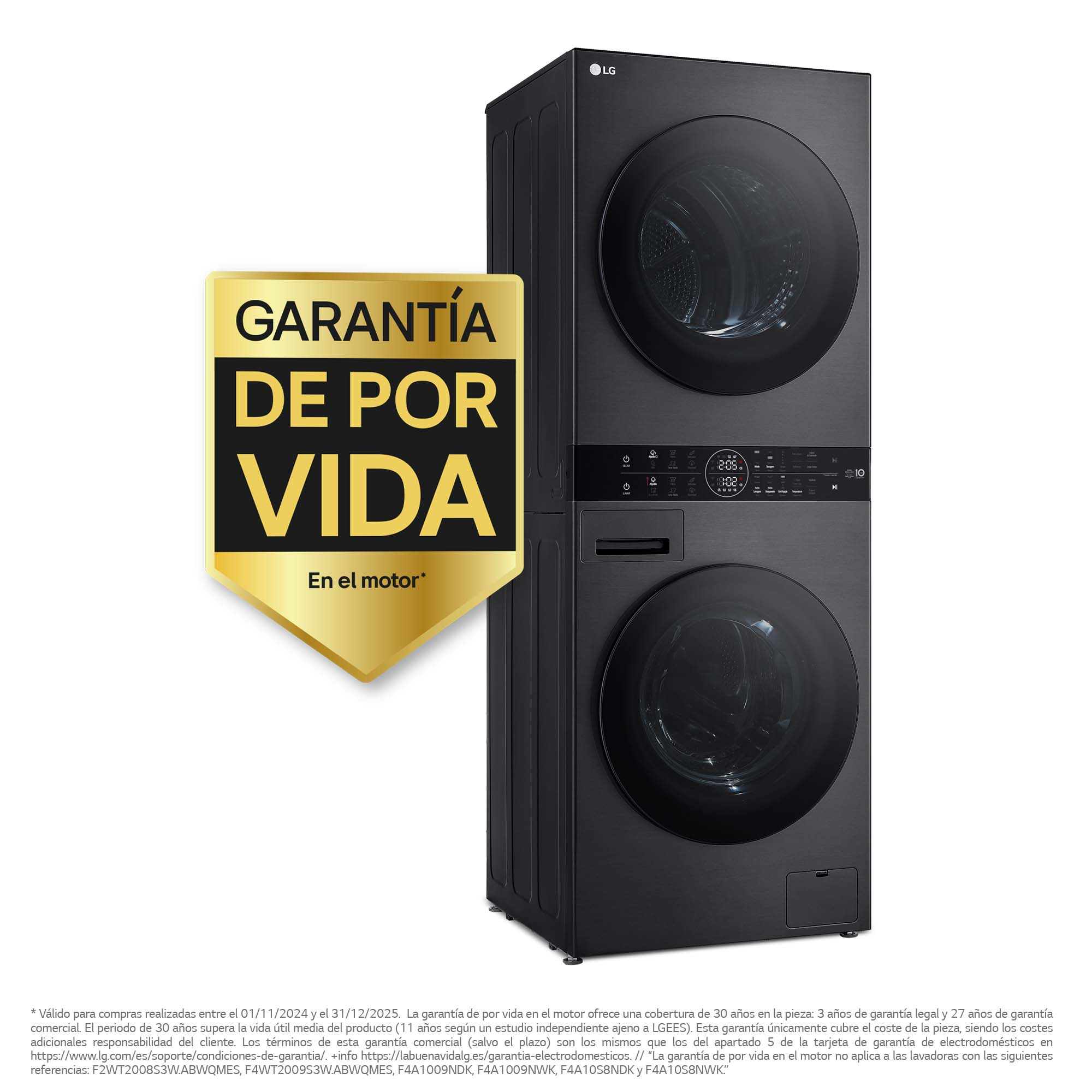 Lavadora y secadora LG negras apiladas, con garantía de por vida en el motor.