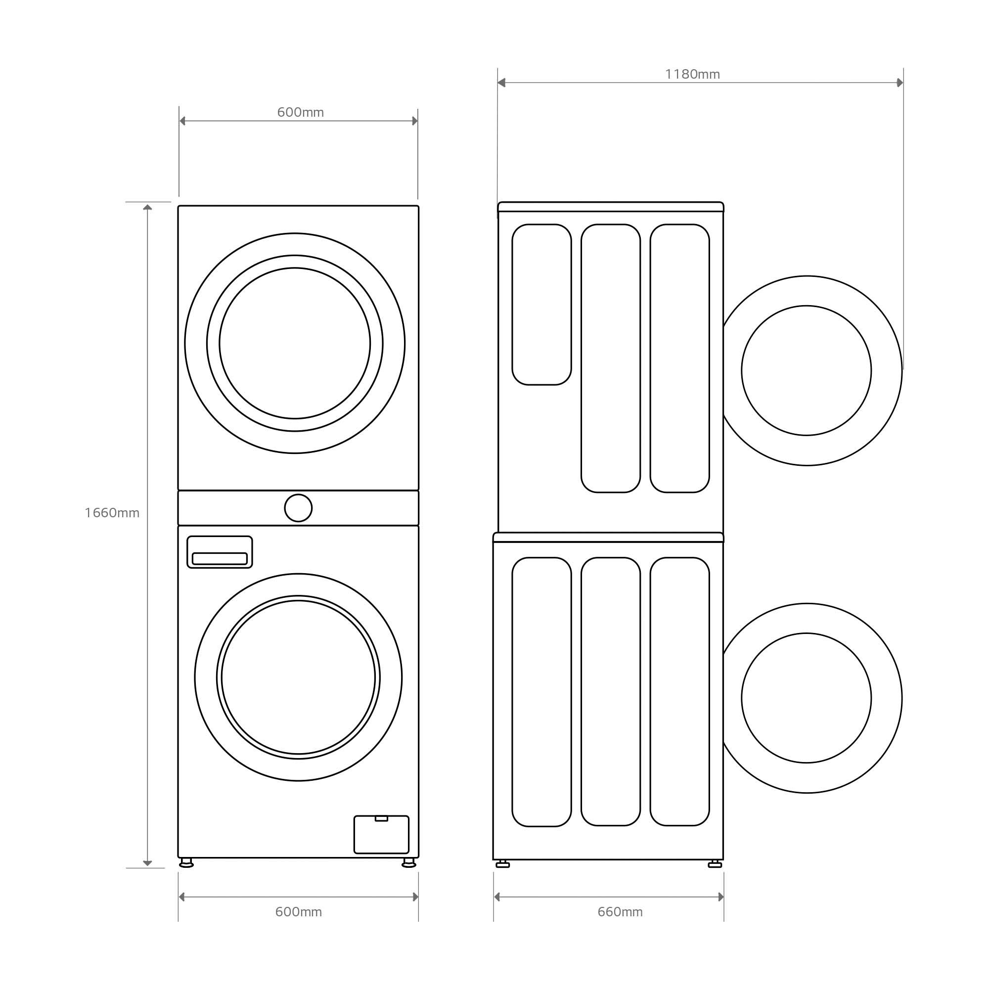 Diagrama de la lavadora y secadora apiladas de LG, que muestra las dimensiones.