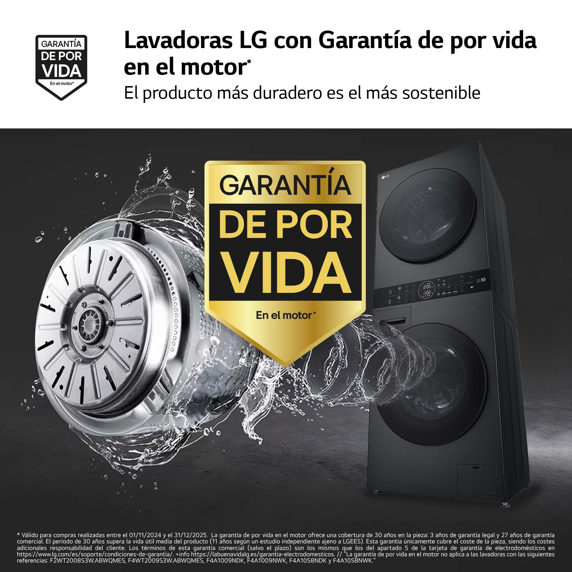 Anuncio de lavadoras LG, enfatizando la garantía del motor.