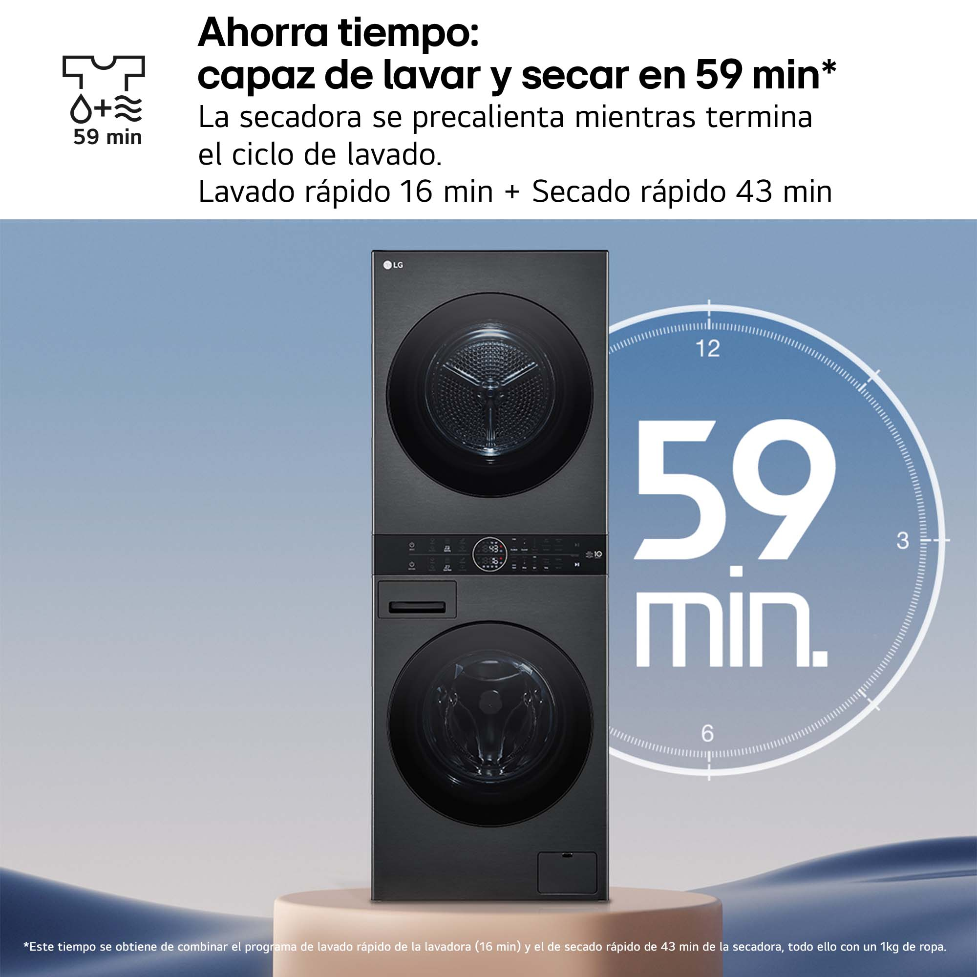 Lavadora y secadora apiladas en negro, con el texto: Lava y seca en 59 minutos.