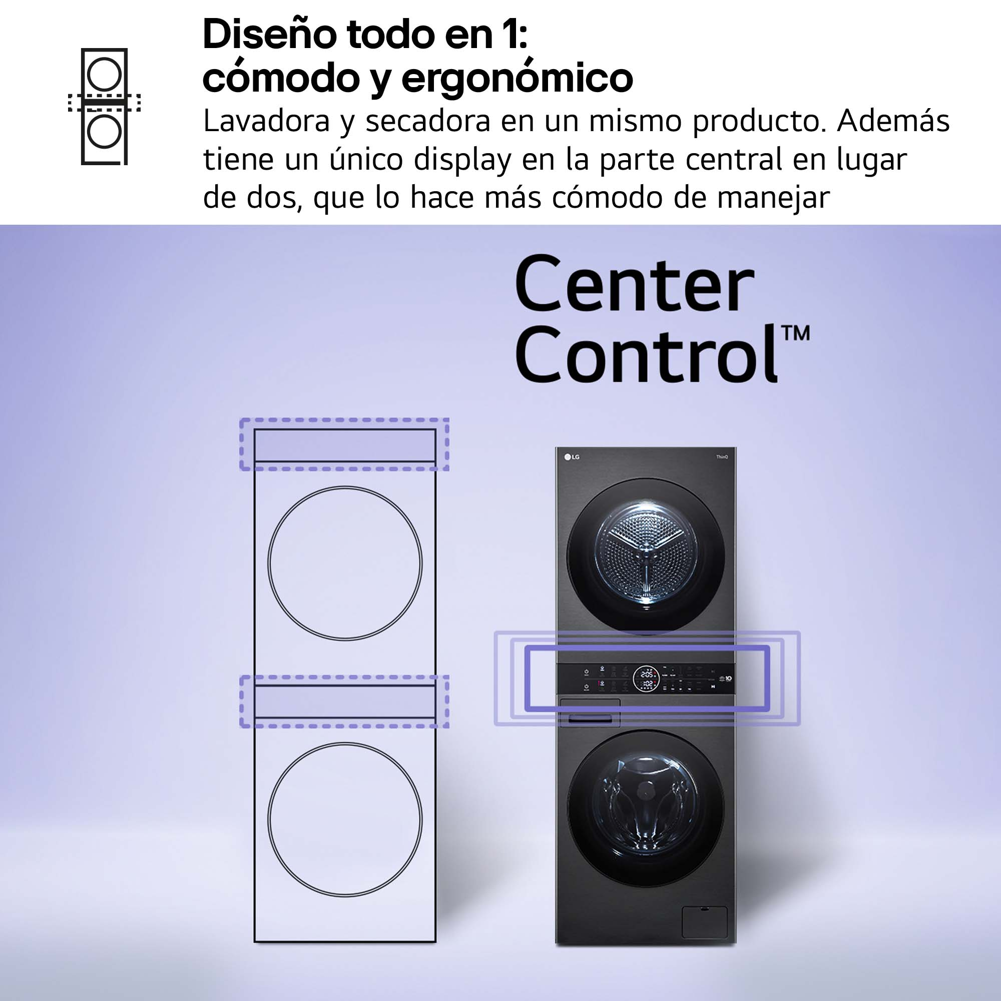 Diagrama que muestra la lavadora y secadora apiladas LG con diseño de control central.