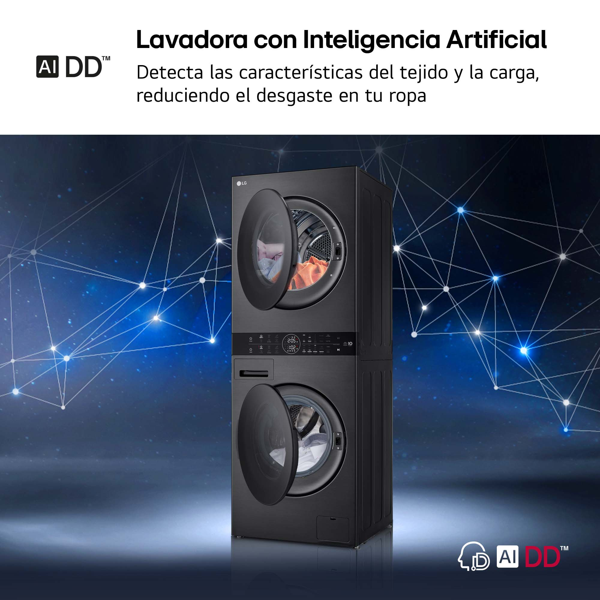 Lavadora LG negra con el texto 'AI DD' y fondo azul.