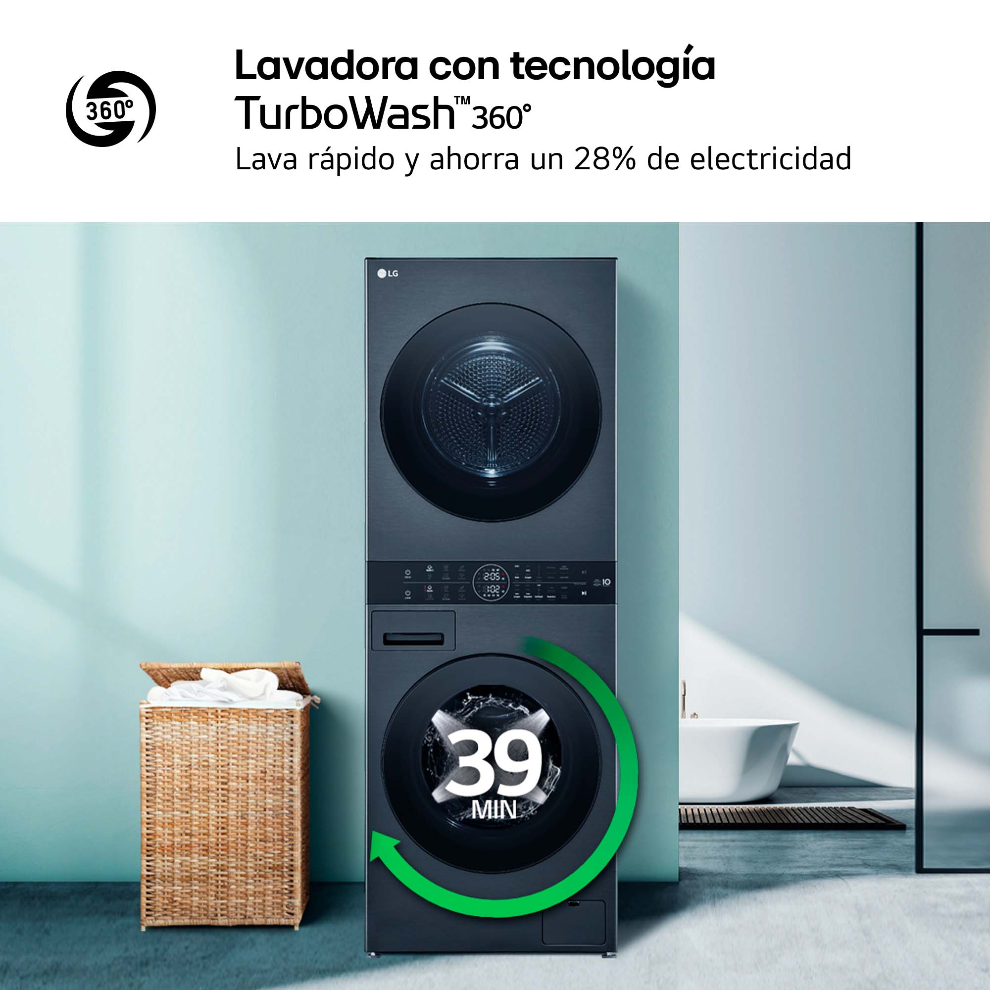 Combo de lavadora-secadora LG negro con cesta de la colada.