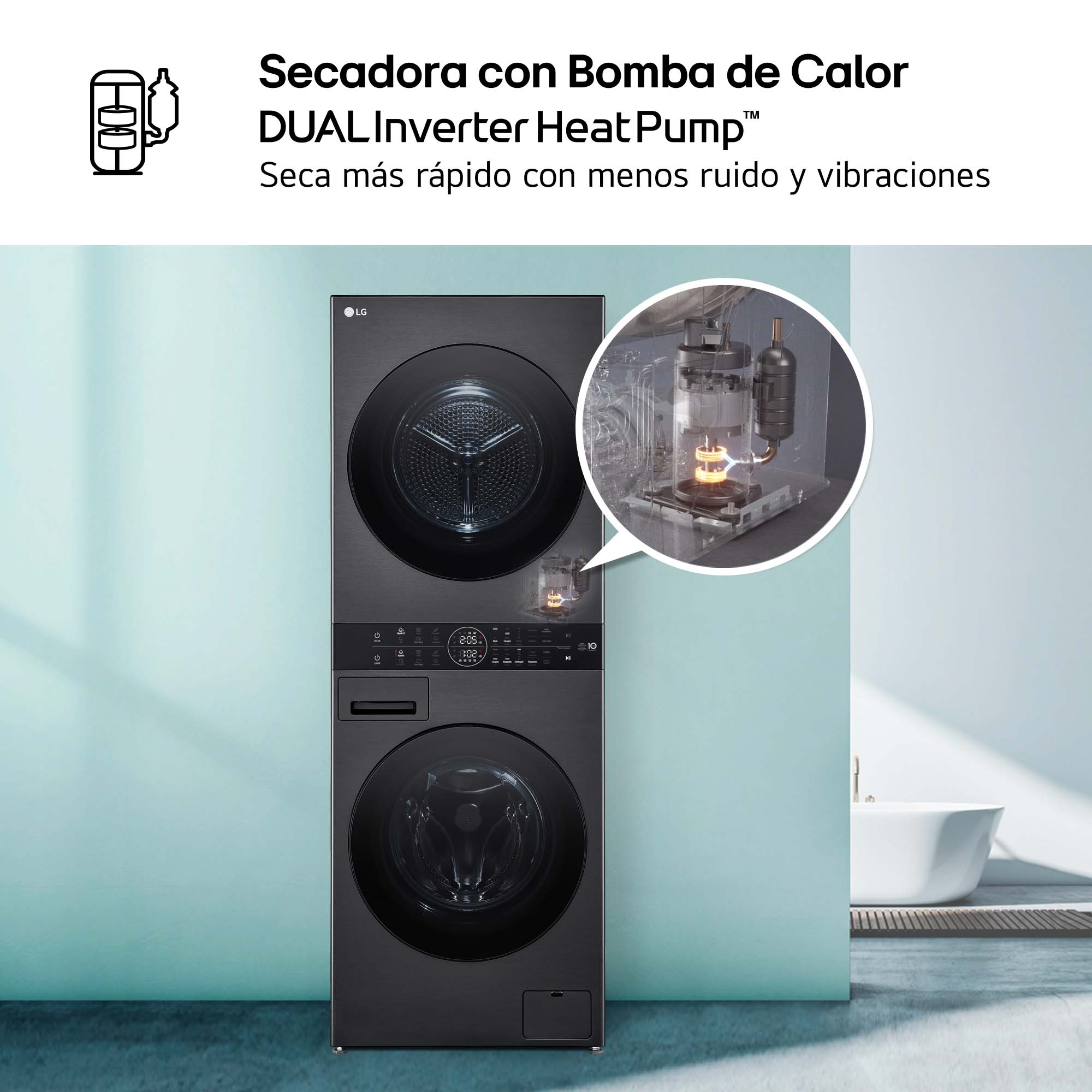 Lavadora-secadora apilada negra con pantalla de bomba de calor. Un gráfico circular muestra un modelo de la bomba de calor.