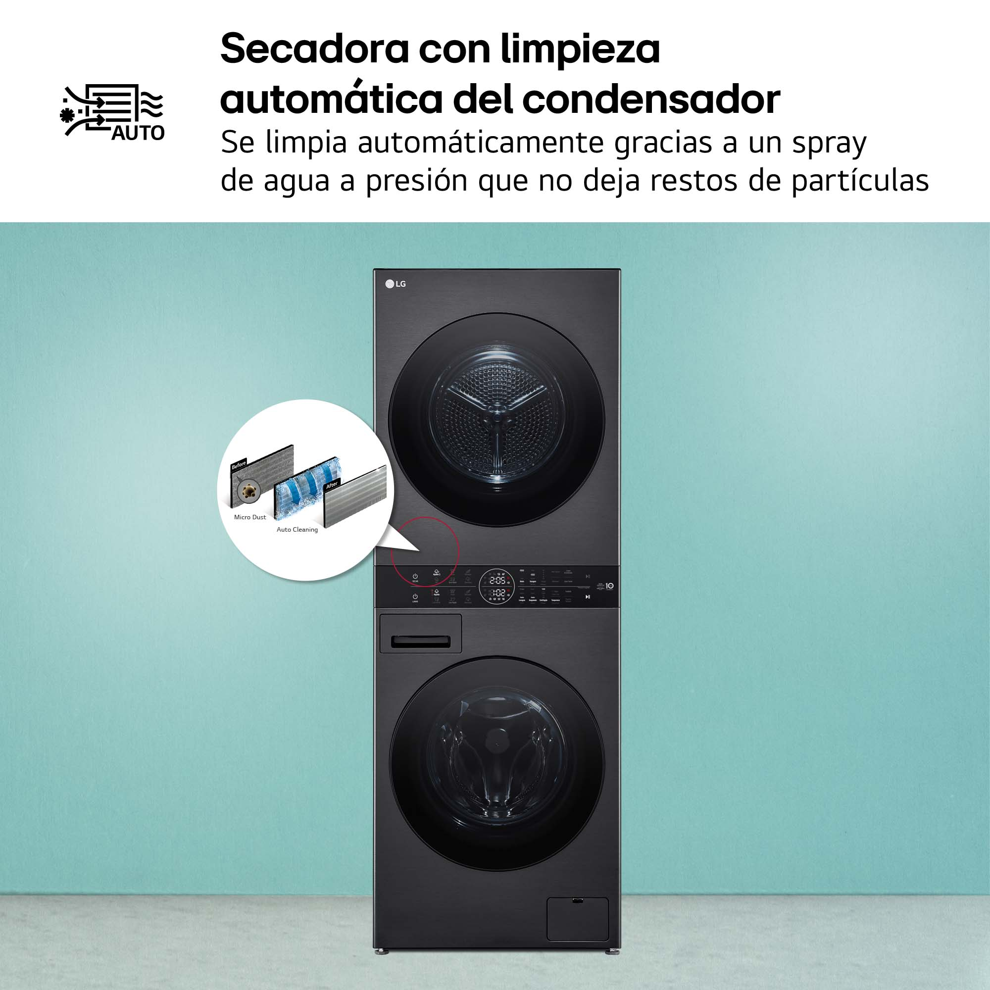 Lavadora y secadora negras apiladas. Texto describe limpieza automática del condensador.