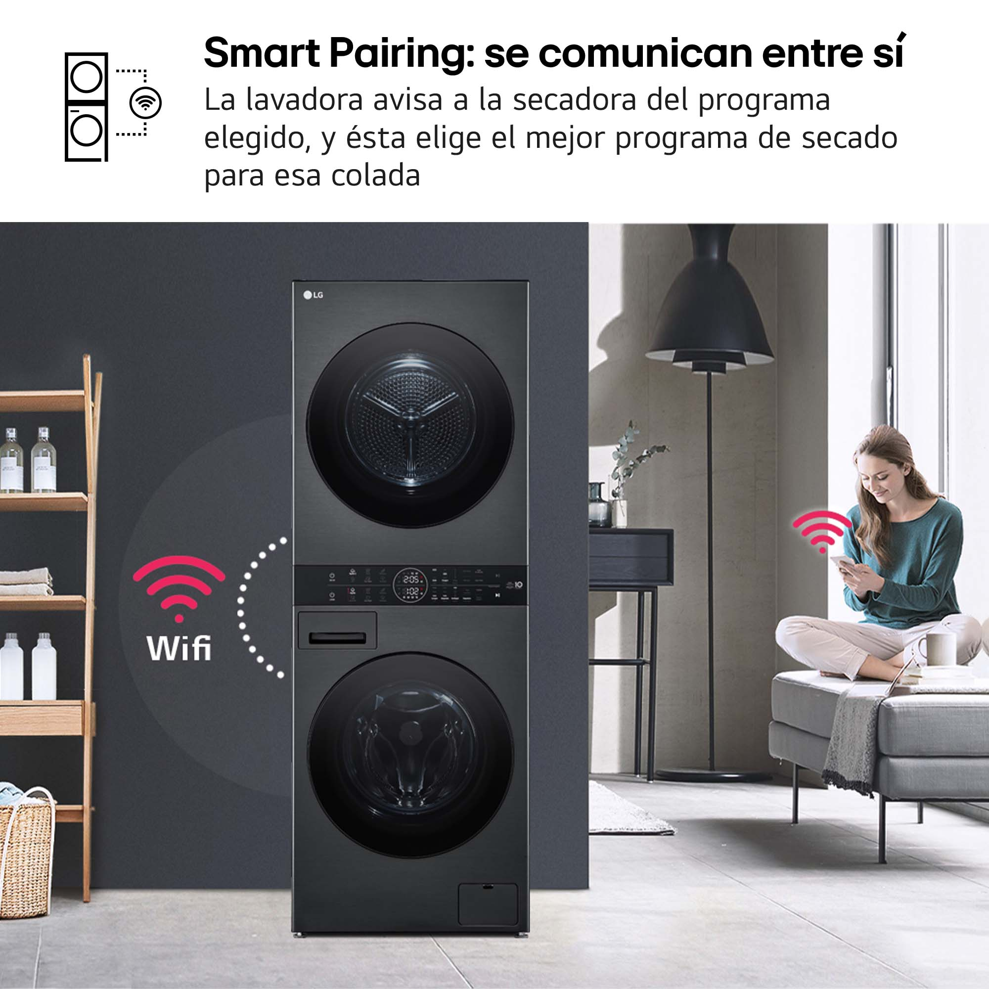 Combo de lavadora-secadora LG negro con una mujer usando un teléfono.