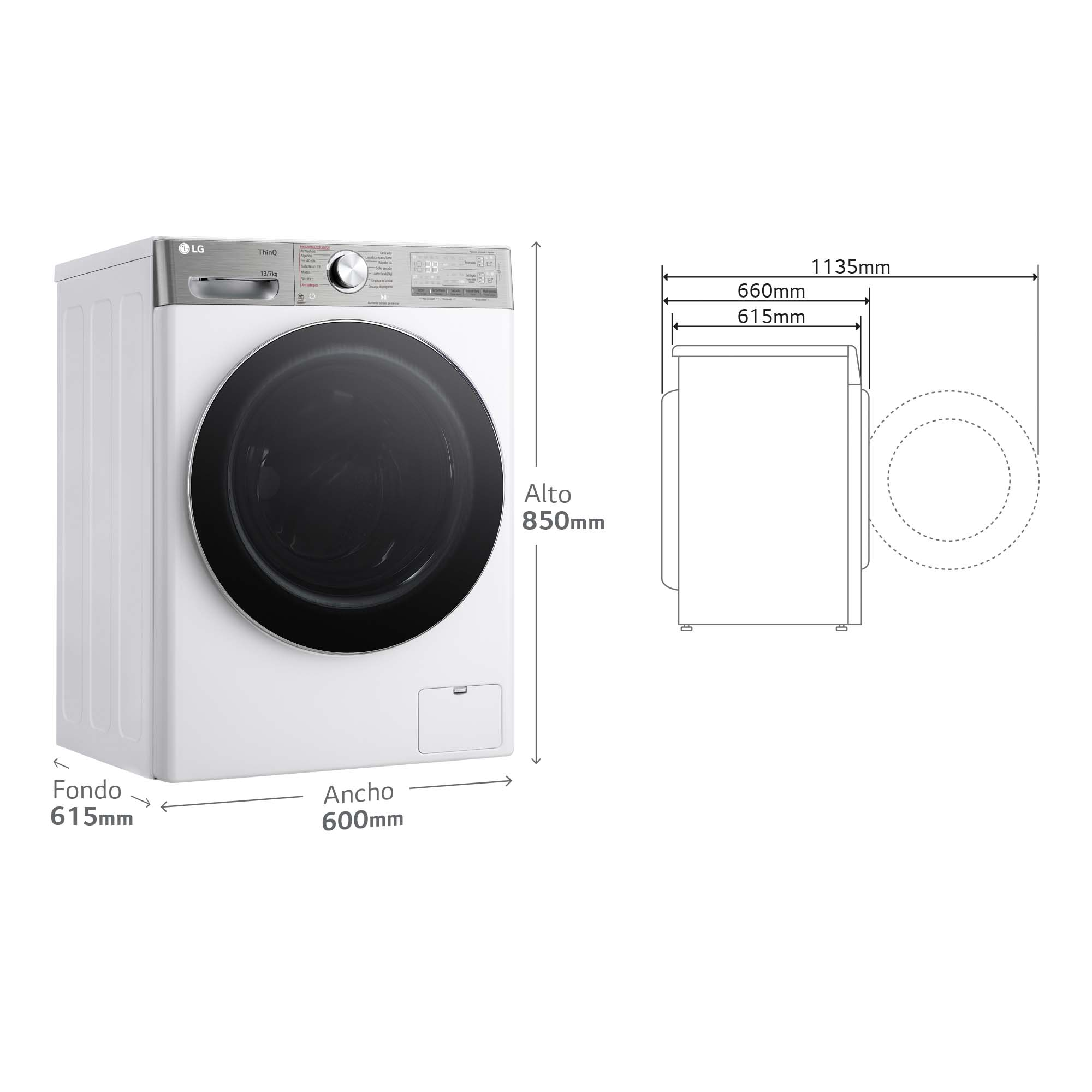 Lavadora LG blanca con dimensiones en un diagrama.