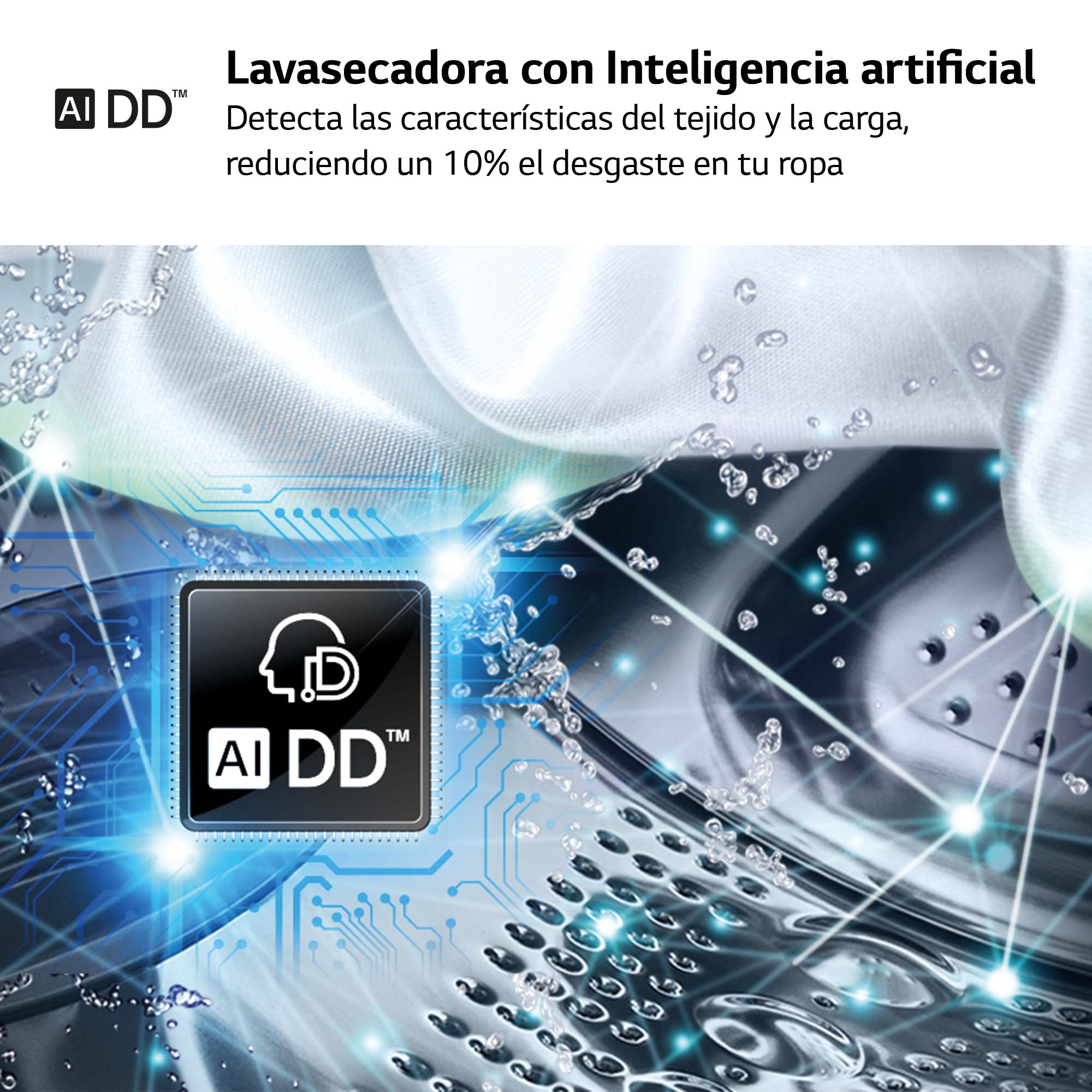 Una lavadora con una pantalla que muestra la tecnología AI DD y agua.