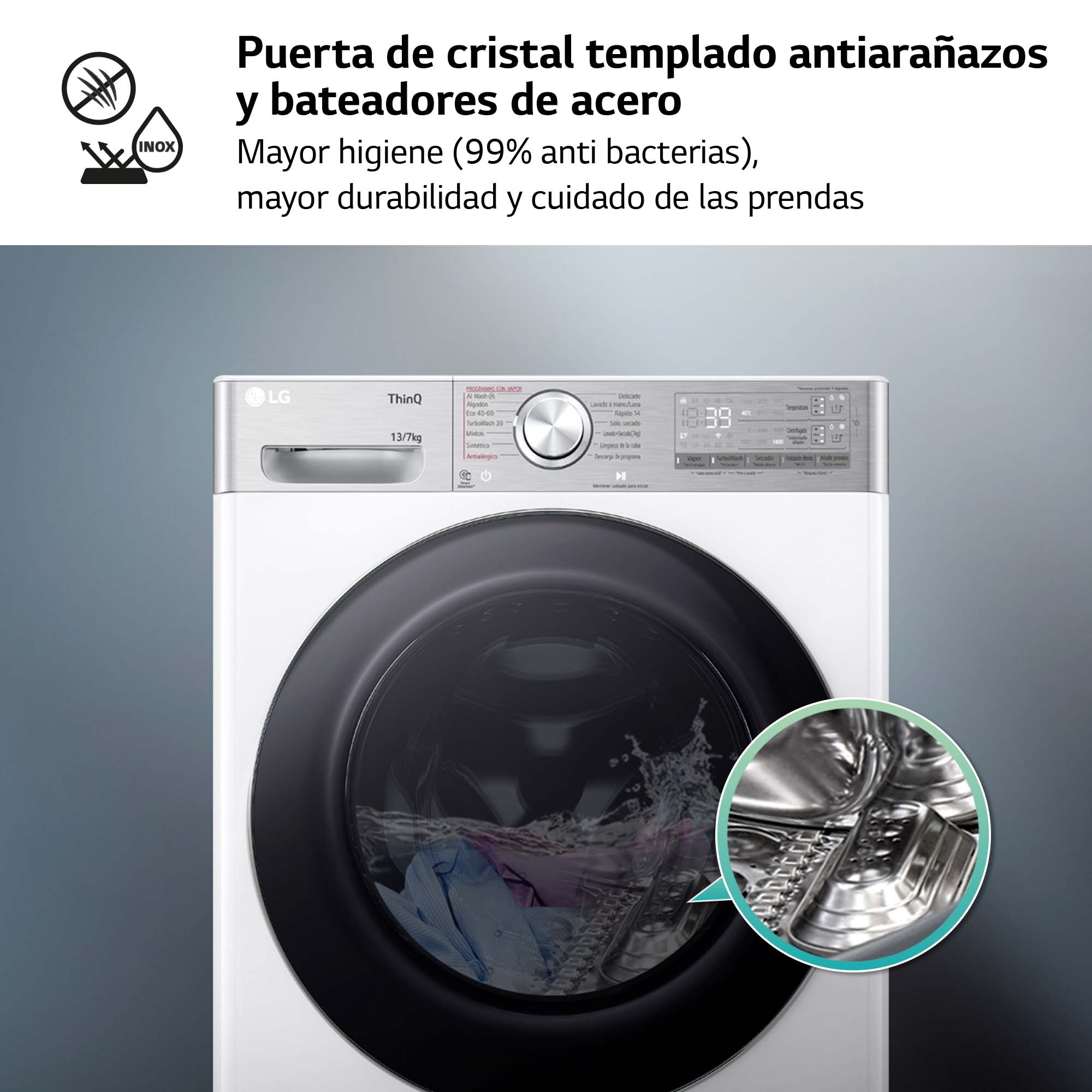 Lavadora LG blanca con puerta negra y panel de control.
