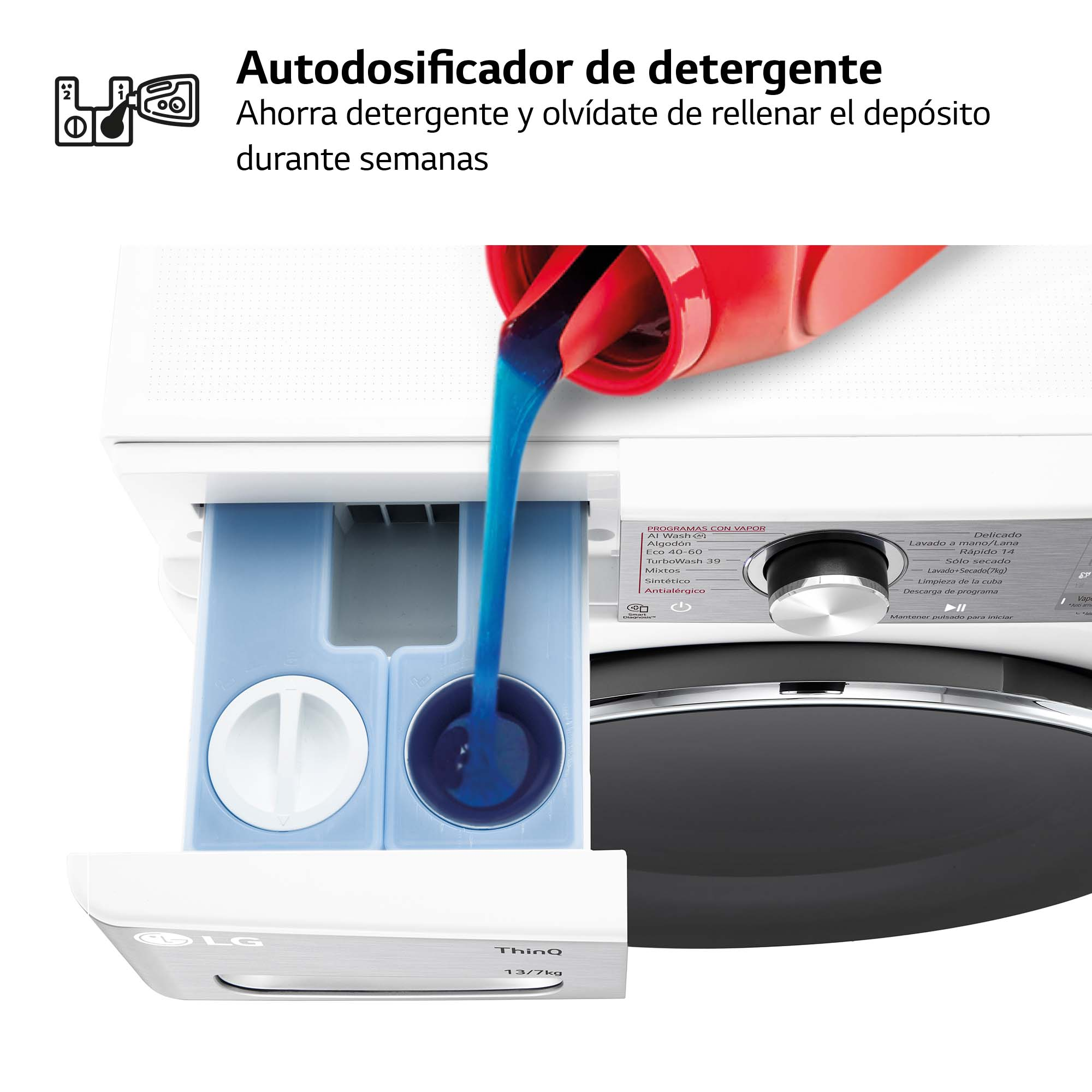 Primer plano del dispensador de detergente de una lavadora con líquido azul vertiéndose.