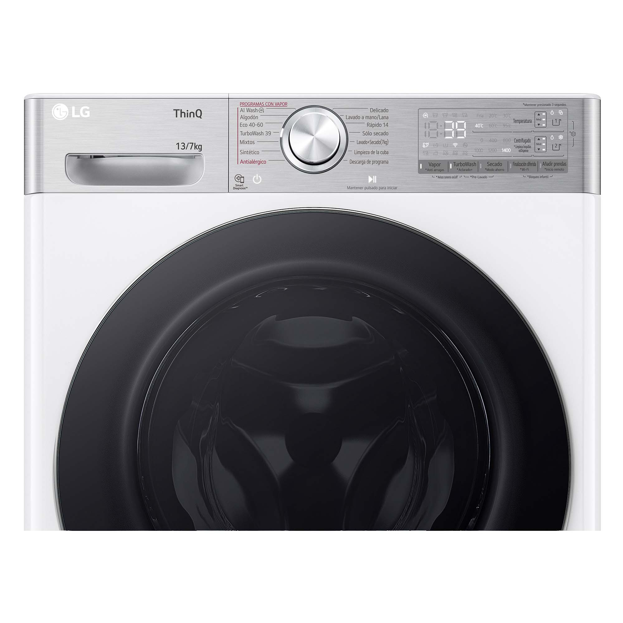Lavadora LG blanca, dial, pantalla y puerta negra.