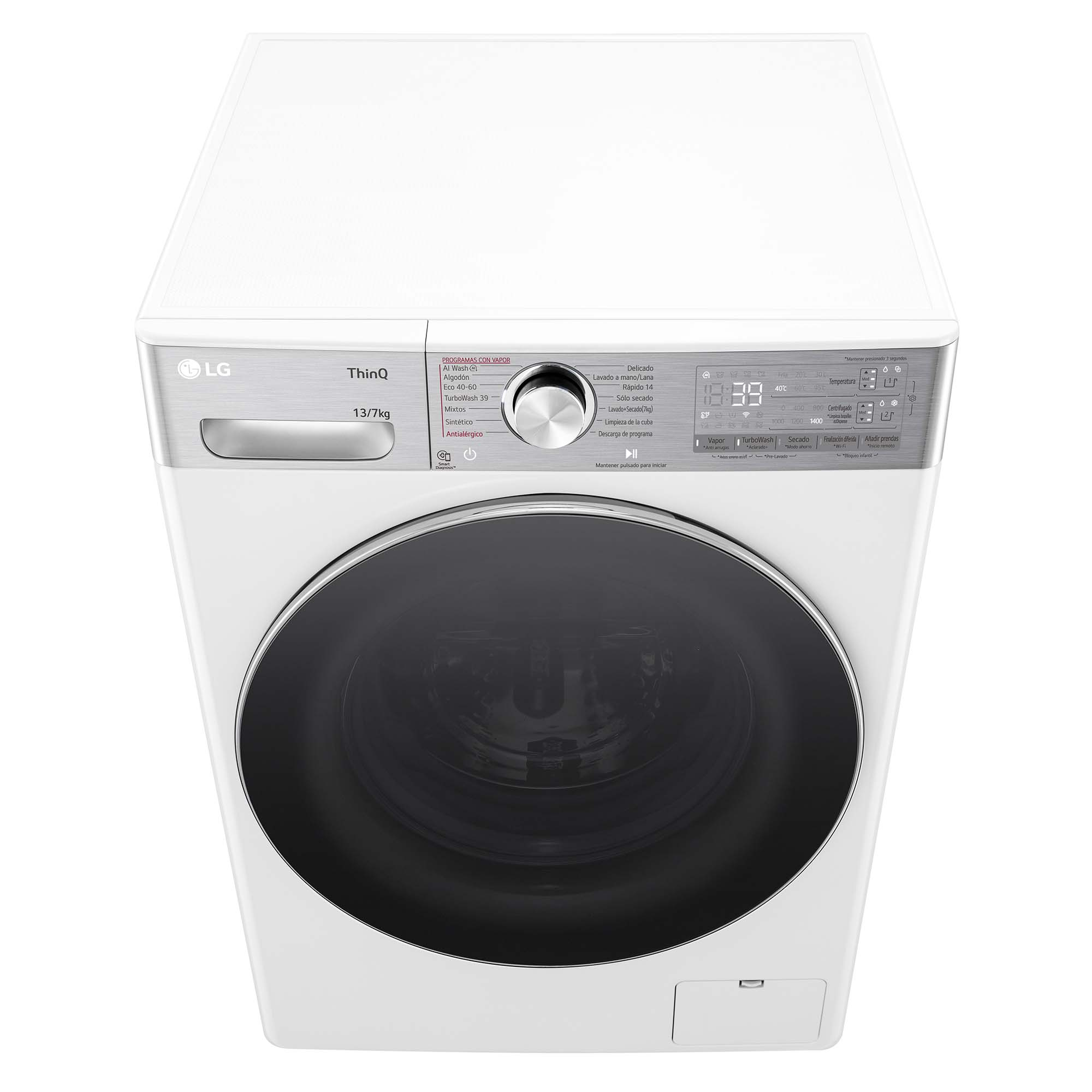 Lavadora blanca, vista superior, con panel de control arriba a la derecha y puerta abajo.