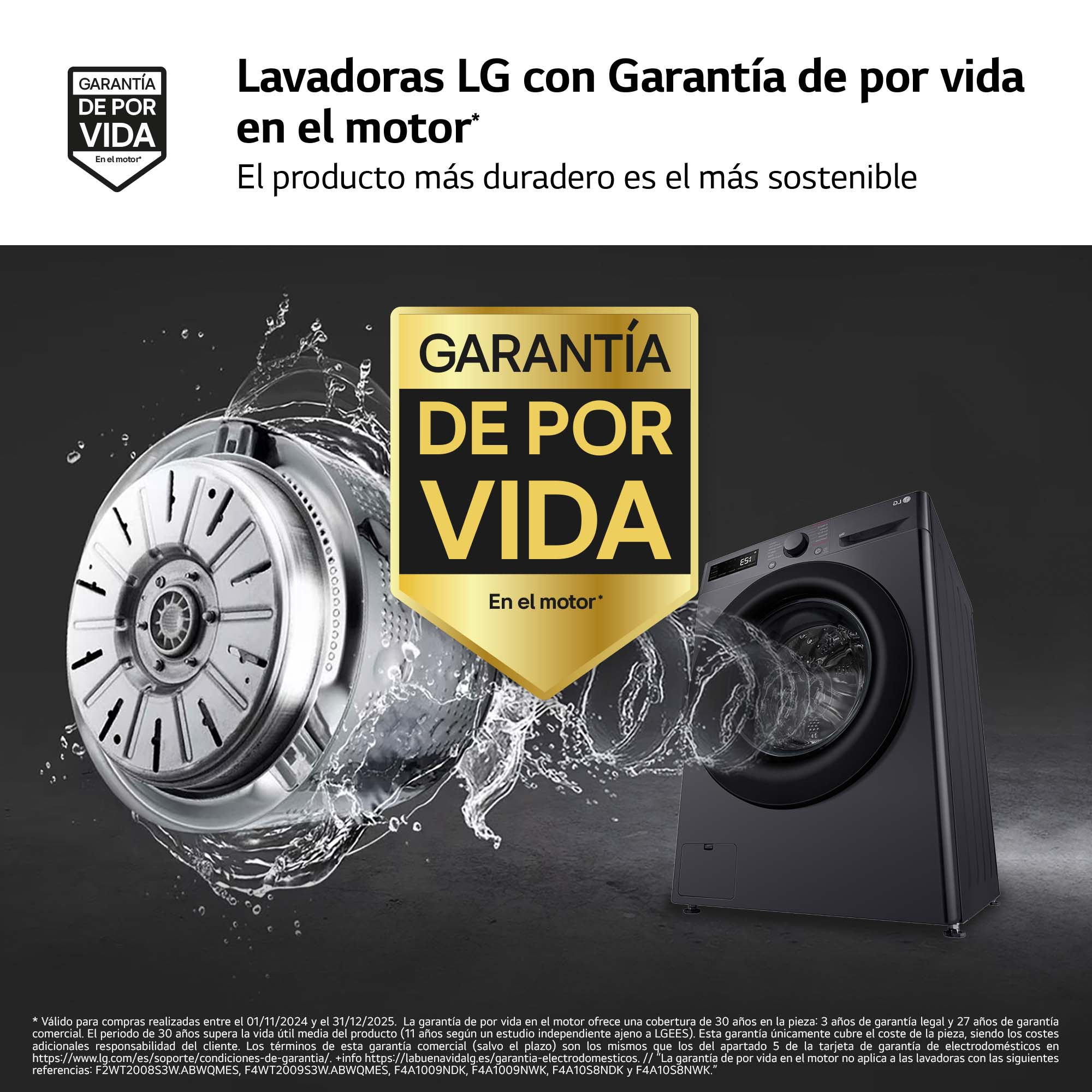 Lavadora LG plateada, puerta abierta, con motor y agua.