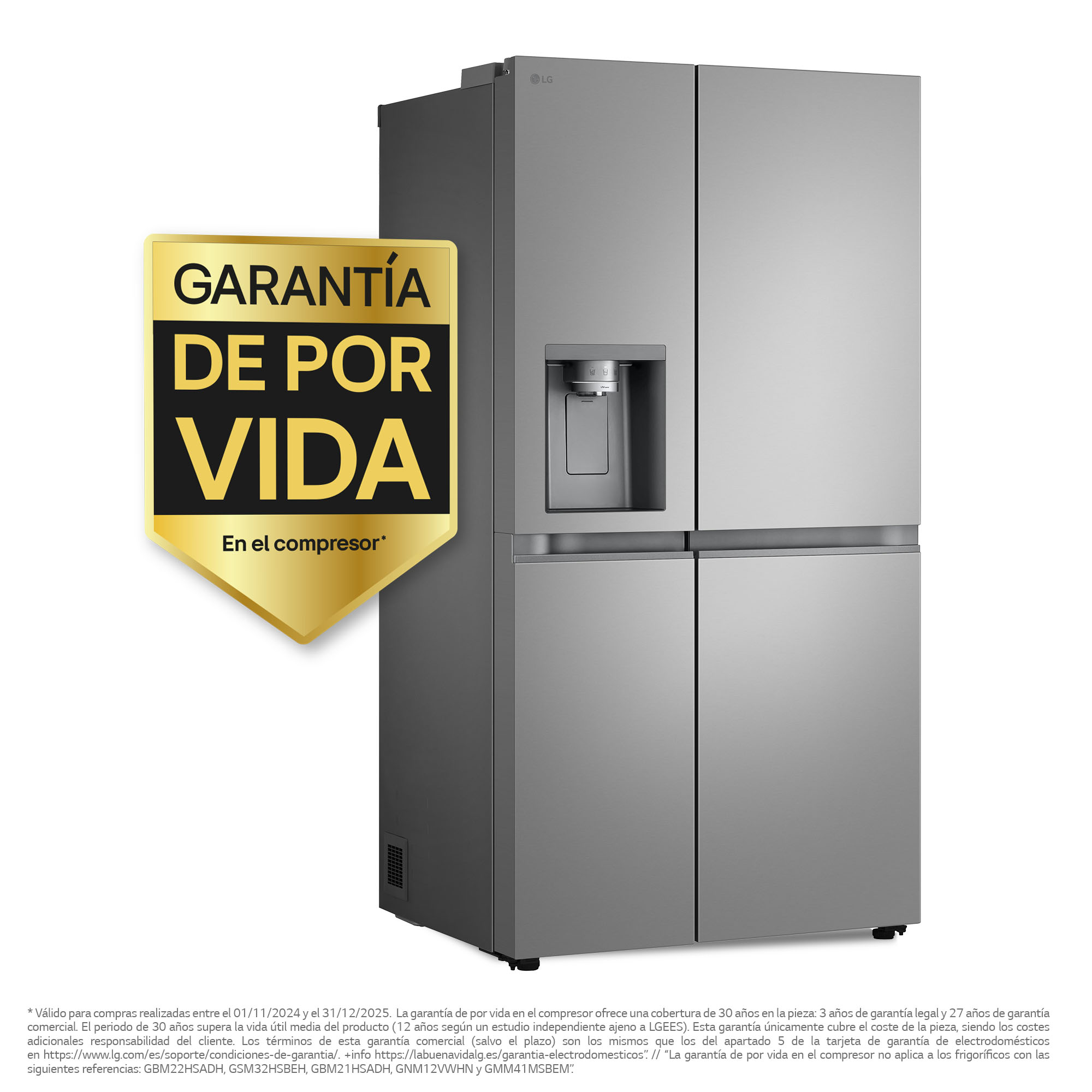 Frigorífico plateado con insignia dorada 'Garantía de por vida'. Texto describe detalles de la garantía.