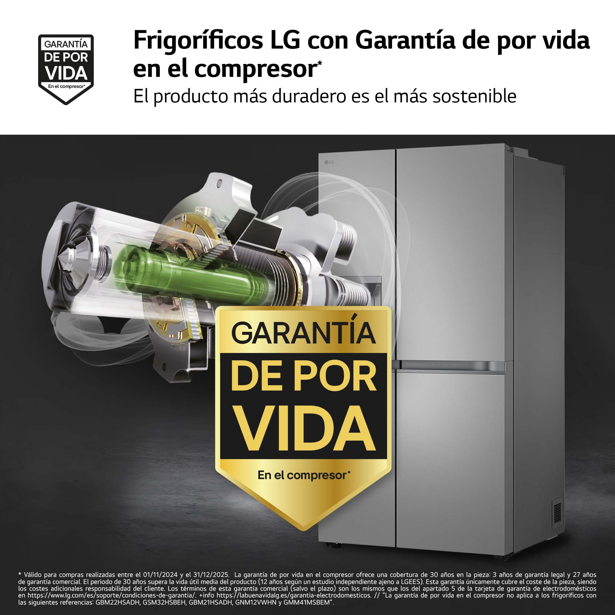 Un frigorífico con fondo blanco, garantía de por vida en el compresor.