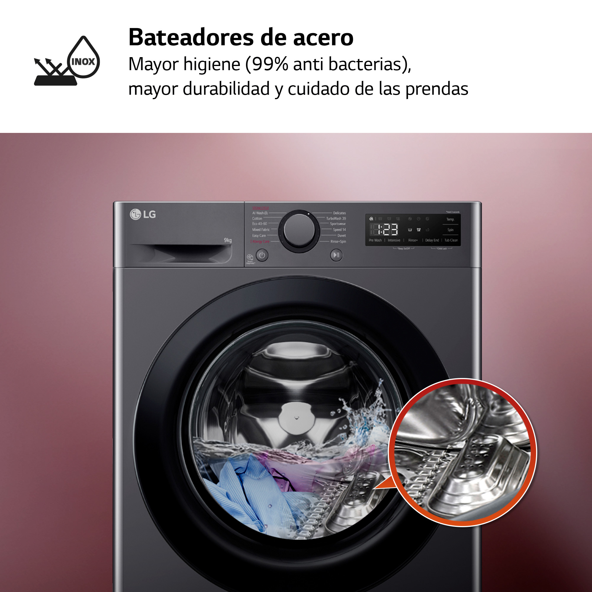 Lavadora LG con bateadores de acero. Lavando ropa, vista ampliada, agua.