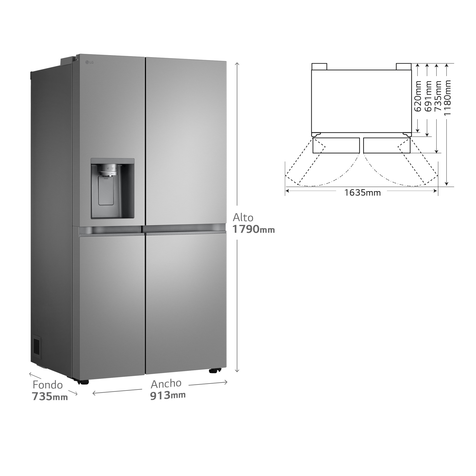Frigorífico LG con vista lateral y dimensiones.
