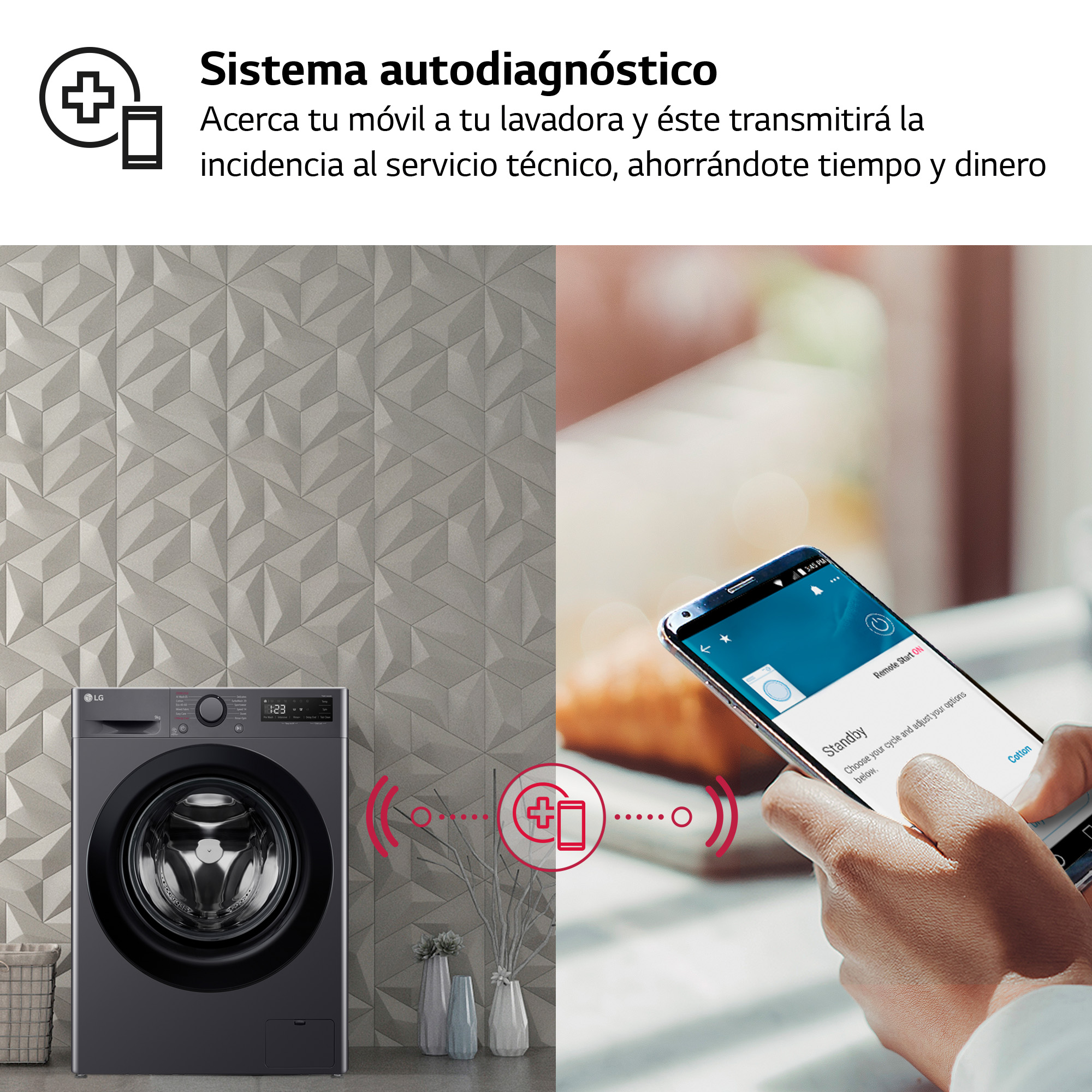 Lavadora y teléfono con app de lavandería. Fondo de pared gris. Concepto de hogar inteligente.