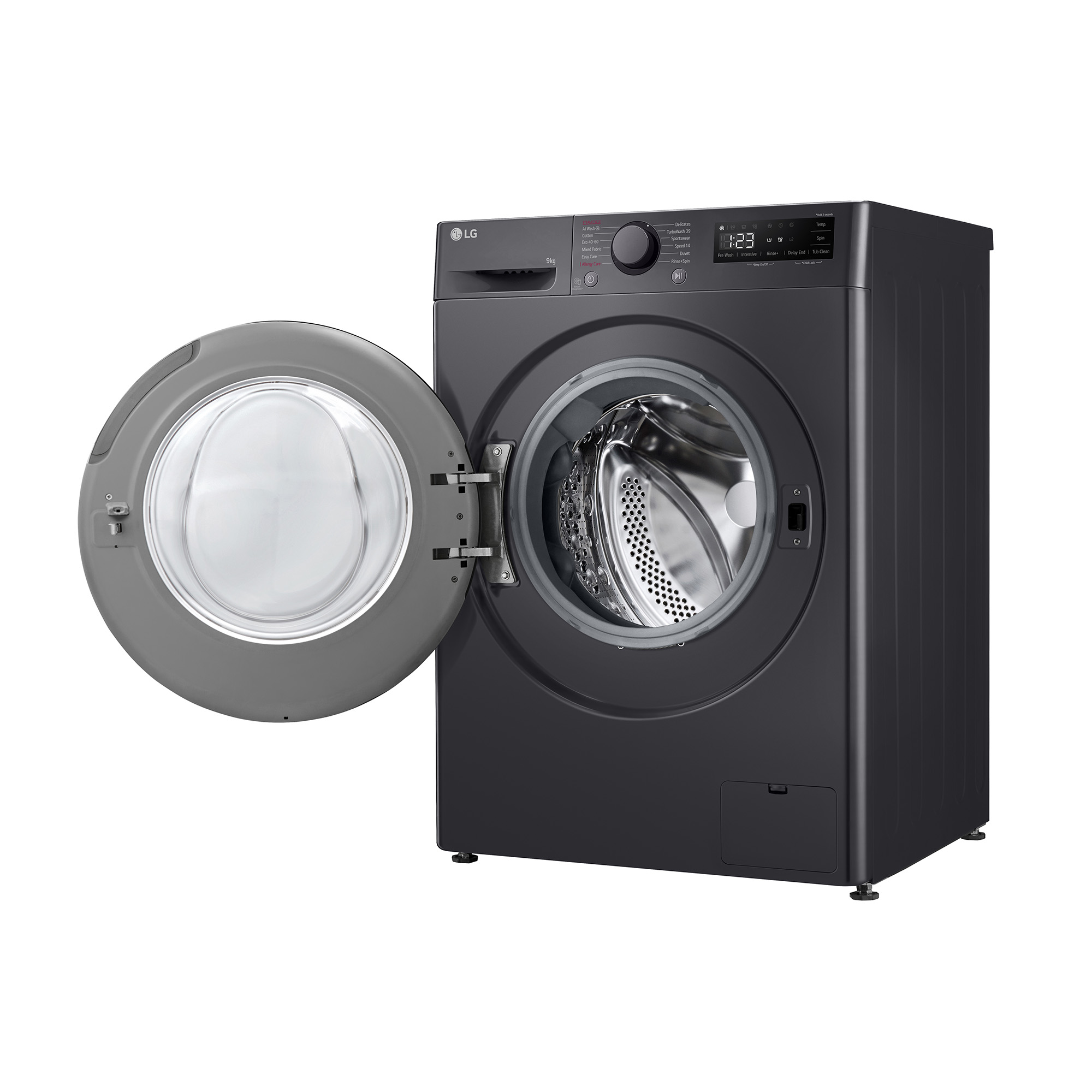 Lavadora LG gris oscuro, puerta abierta, con controles.