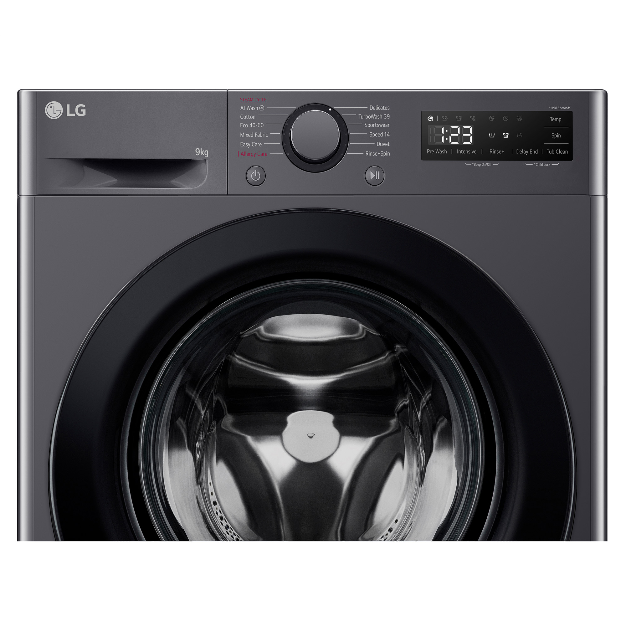 Lavadora LG con el panel de control que muestra 1:23 y otras opciones.