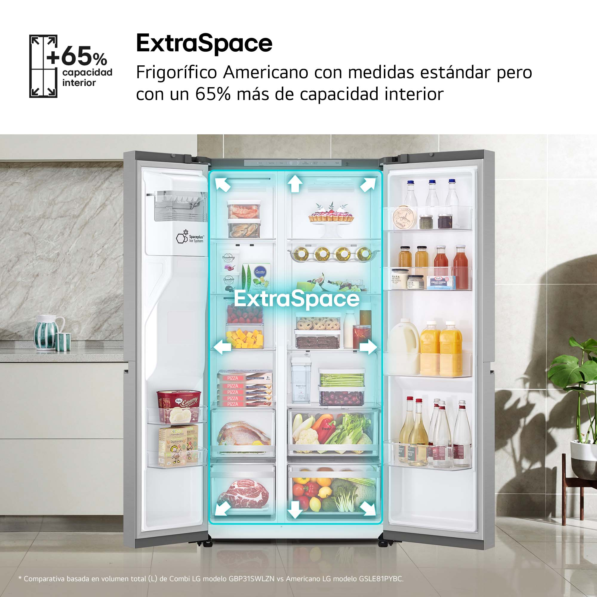 Un refrigerador grande con puertas abiertas que muestran el almacenamiento.