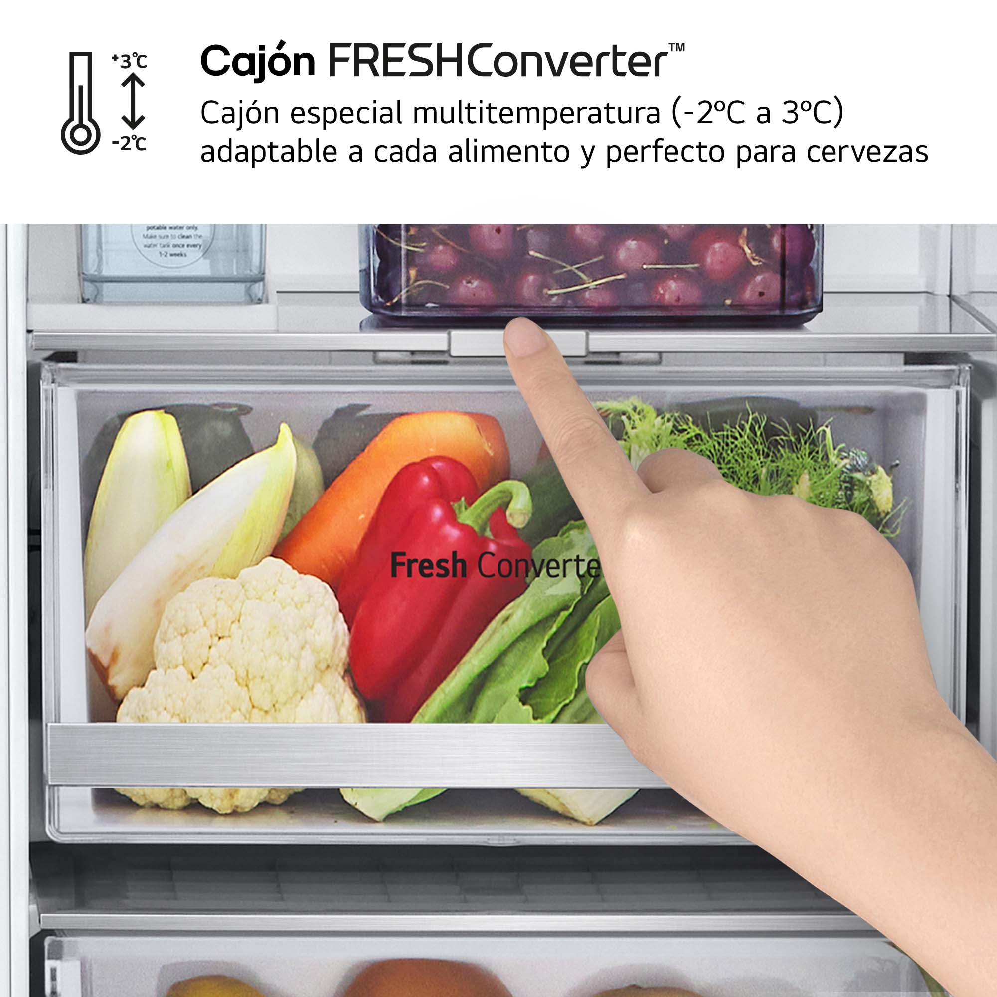 Mano señala cajón con verduras y frutas en el refrigerador.