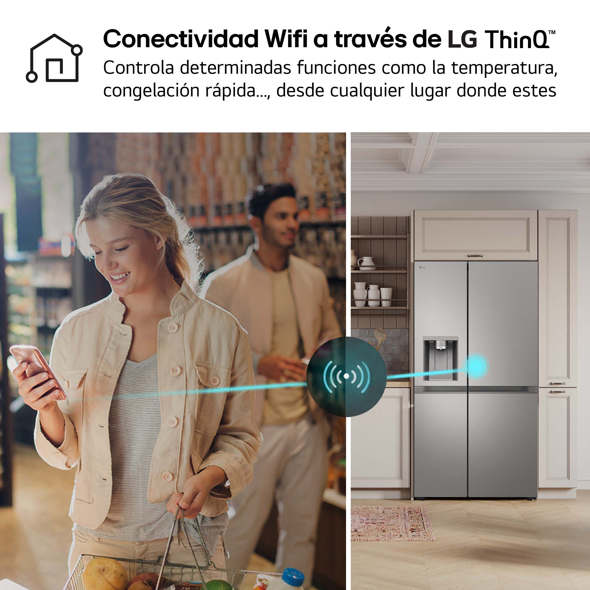 Mujer comprando, usando teléfono, con un refrigerador inteligente LG.