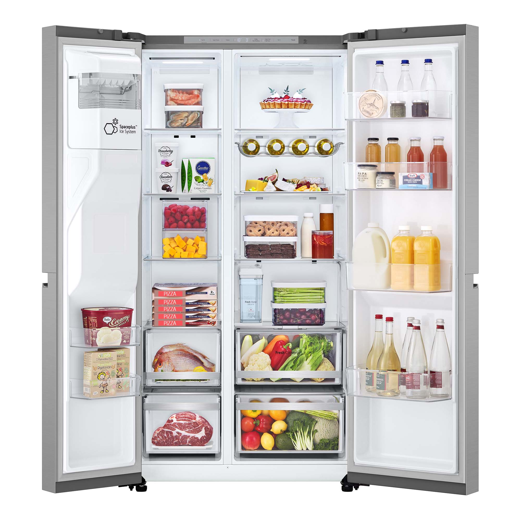 Un refrigerador con puertas abiertas, mostrando varios alimentos en estantes y cajones.