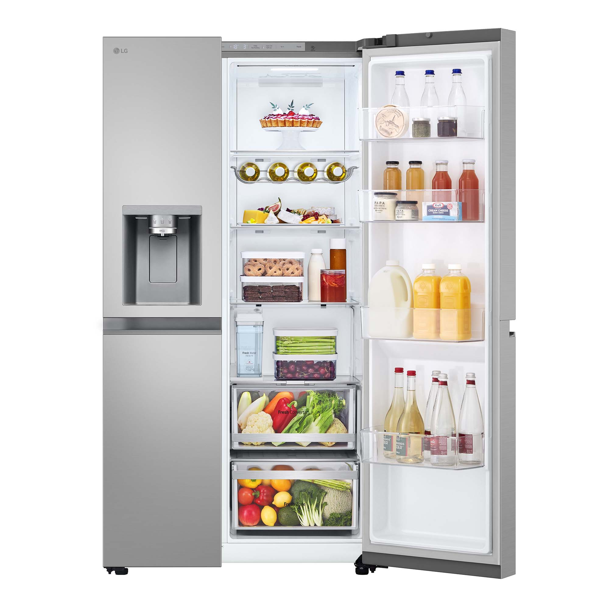 Un refrigerador con puertas abiertas, lleno de comida.