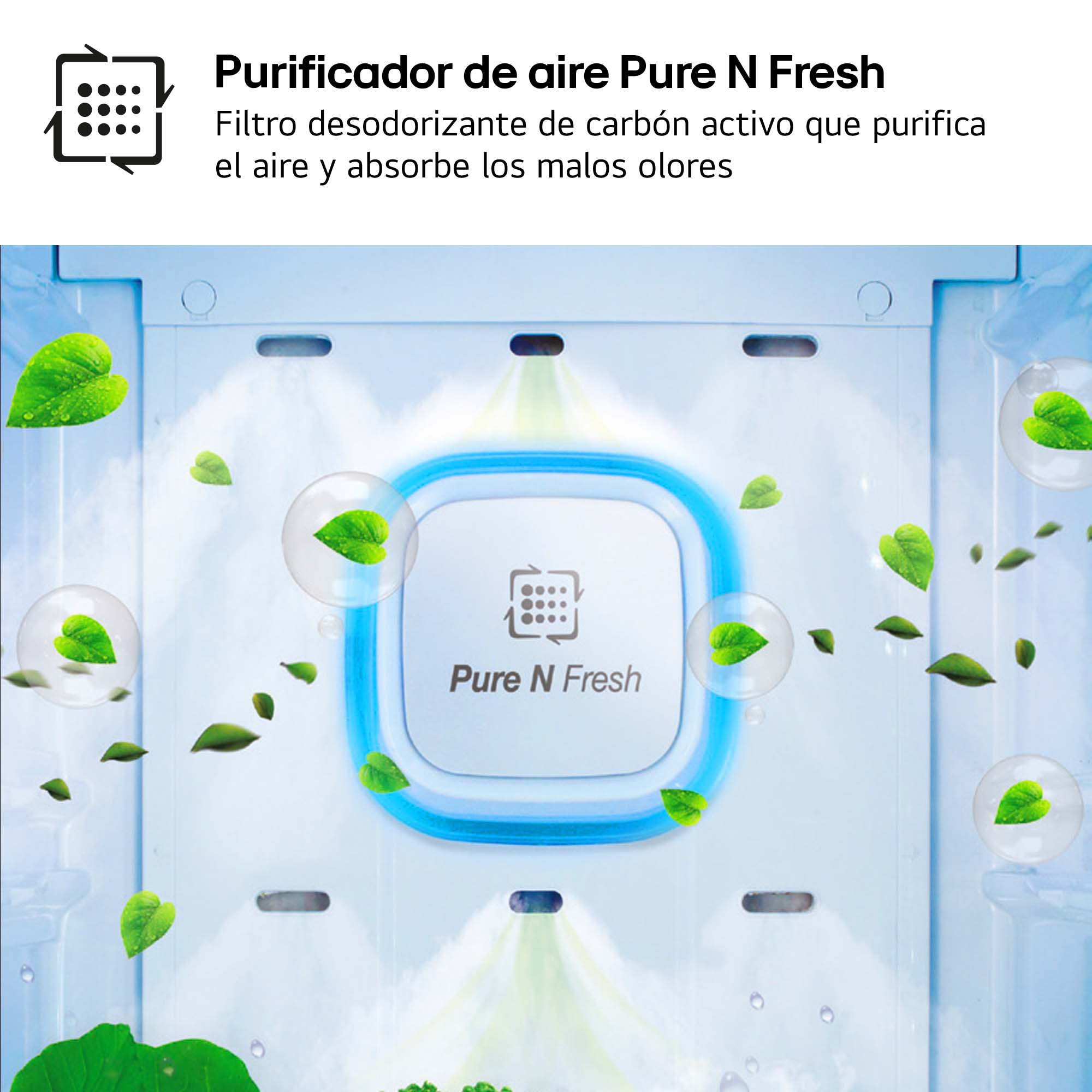 Dentro de un refrigerador con hojas y burbujas. Está etiquetado como "Purificador de aire Pure N Fresh".