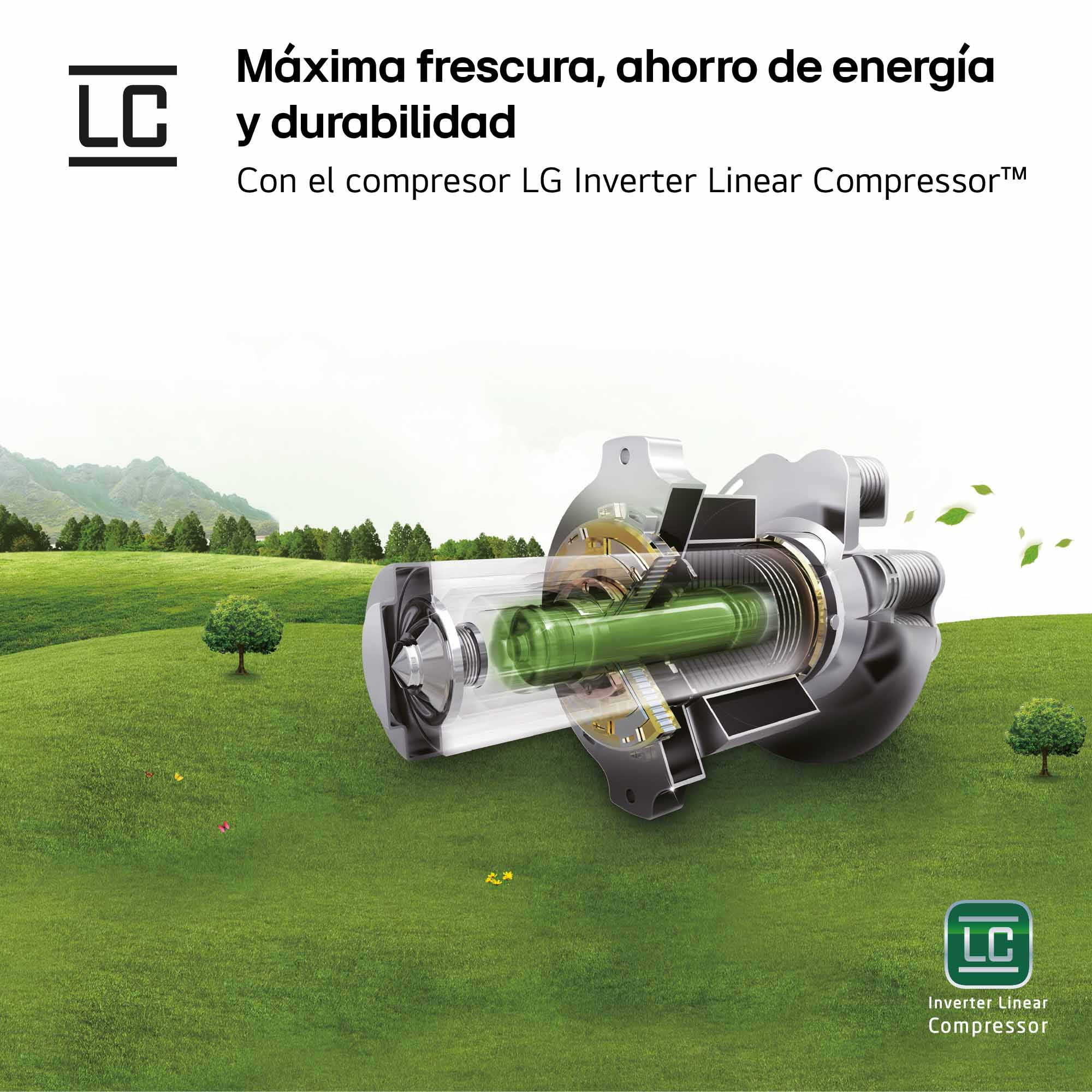 Un diagrama animado que muestra un compresor con texto en español sobre ahorro de energía y durabilidad.