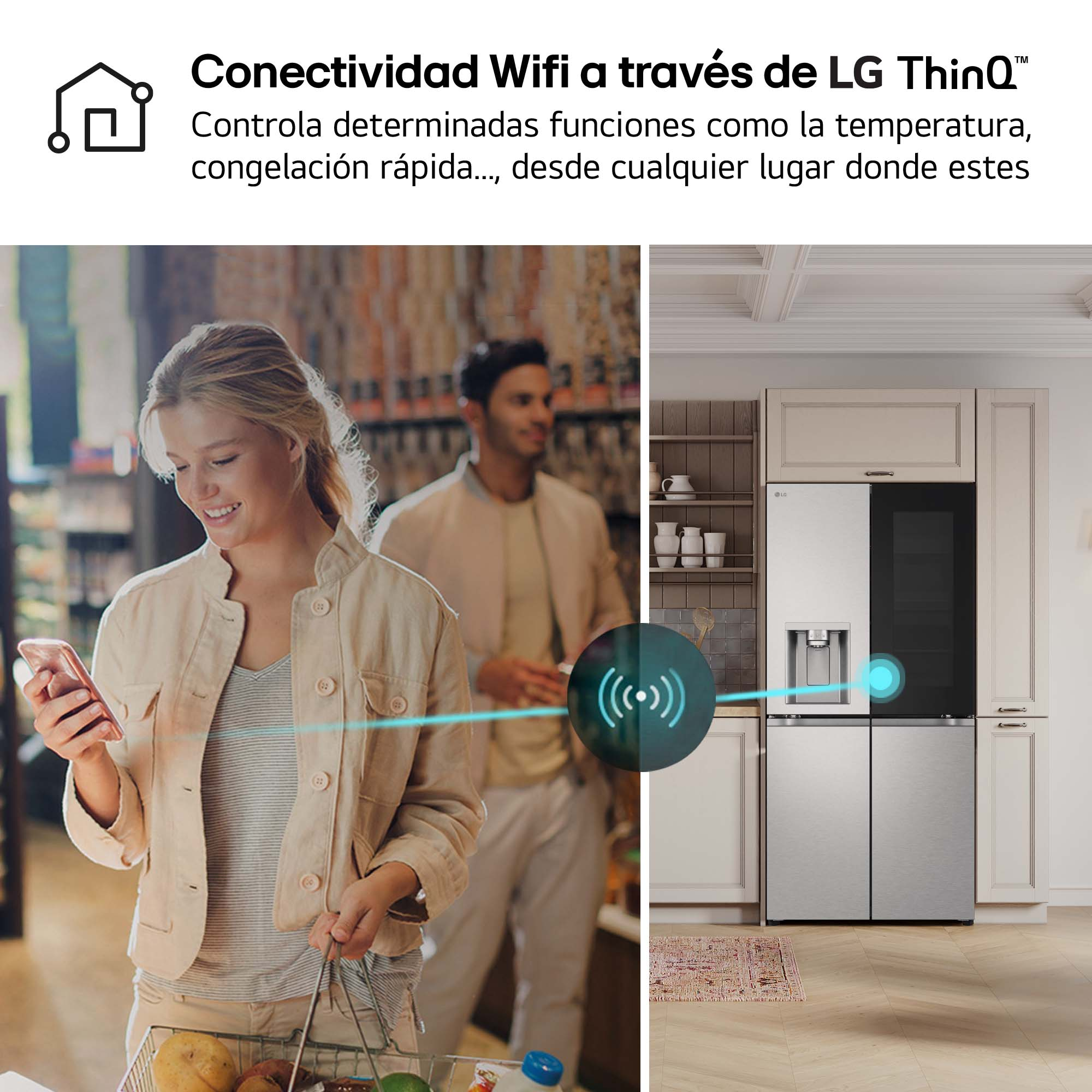 Una mujer usando un teléfono cerca de un refrigerador. Está etiquetado como "Conectividad Wifi a través de LG ThinQ".
