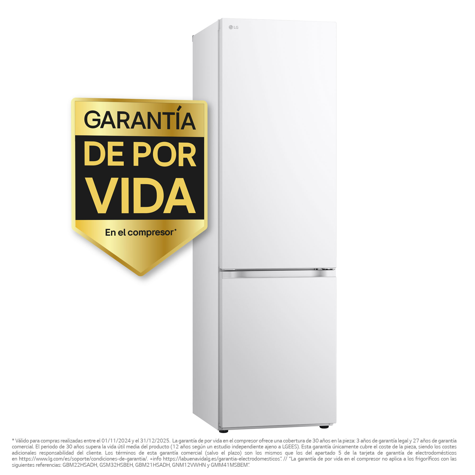 Un refrigerador blanco con una pegatina de garantía. El texto dice "Garantía de por vida".