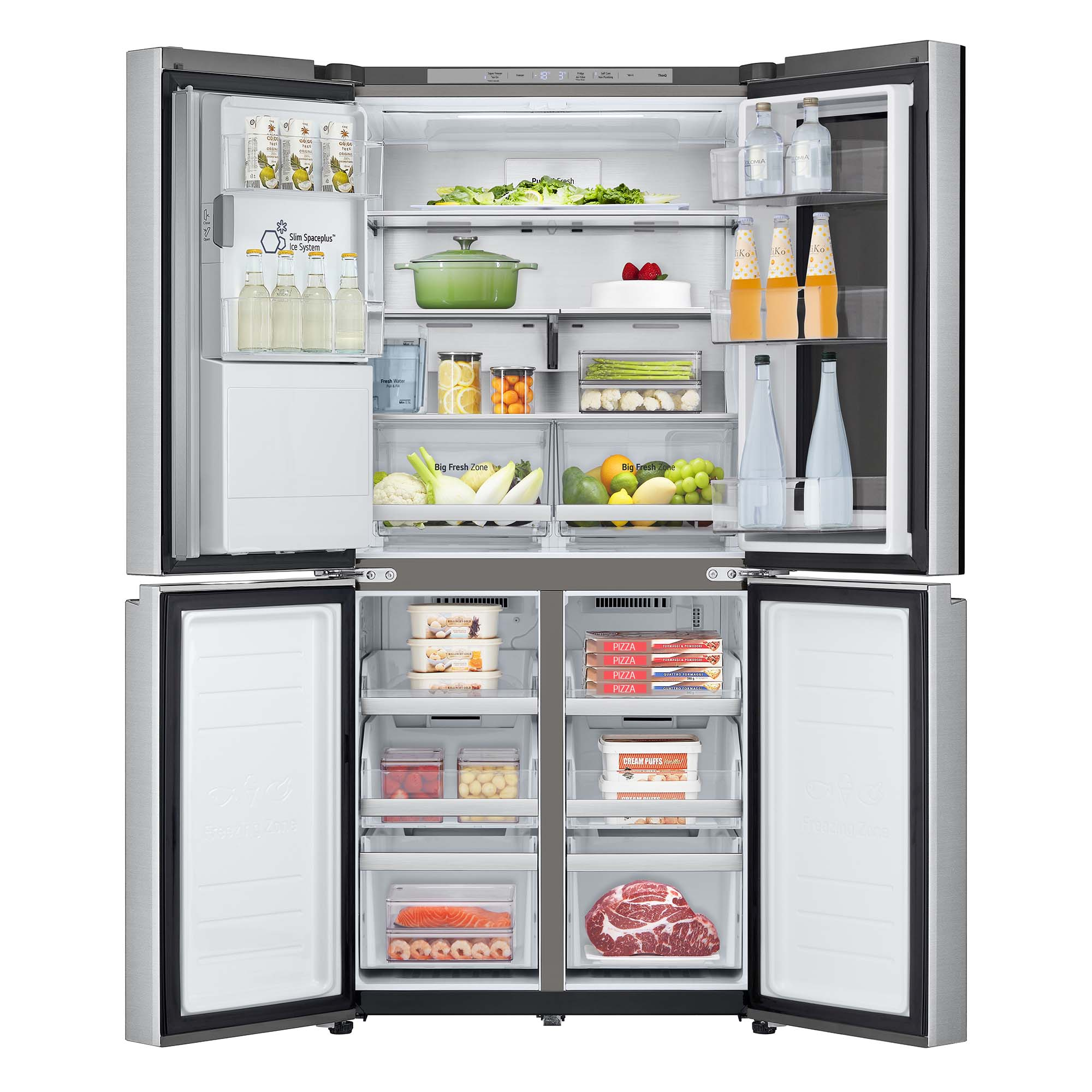 Refrigerador abierto con comida, múltiples estantes.