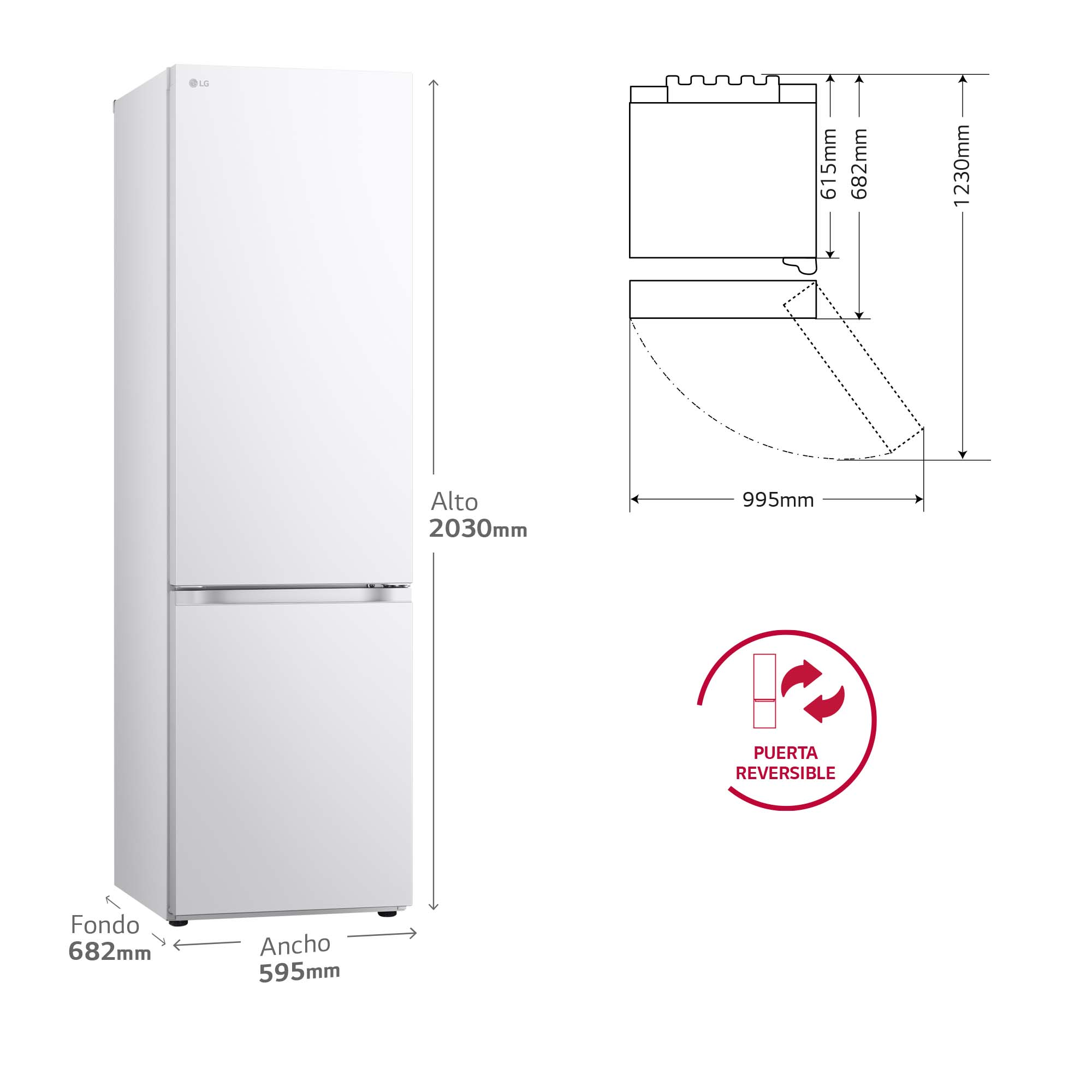 Un refrigerador blanco con sus dimensiones. El texto dice "Alto 2030mm, Ancho 595mm, Fondo 682mm".