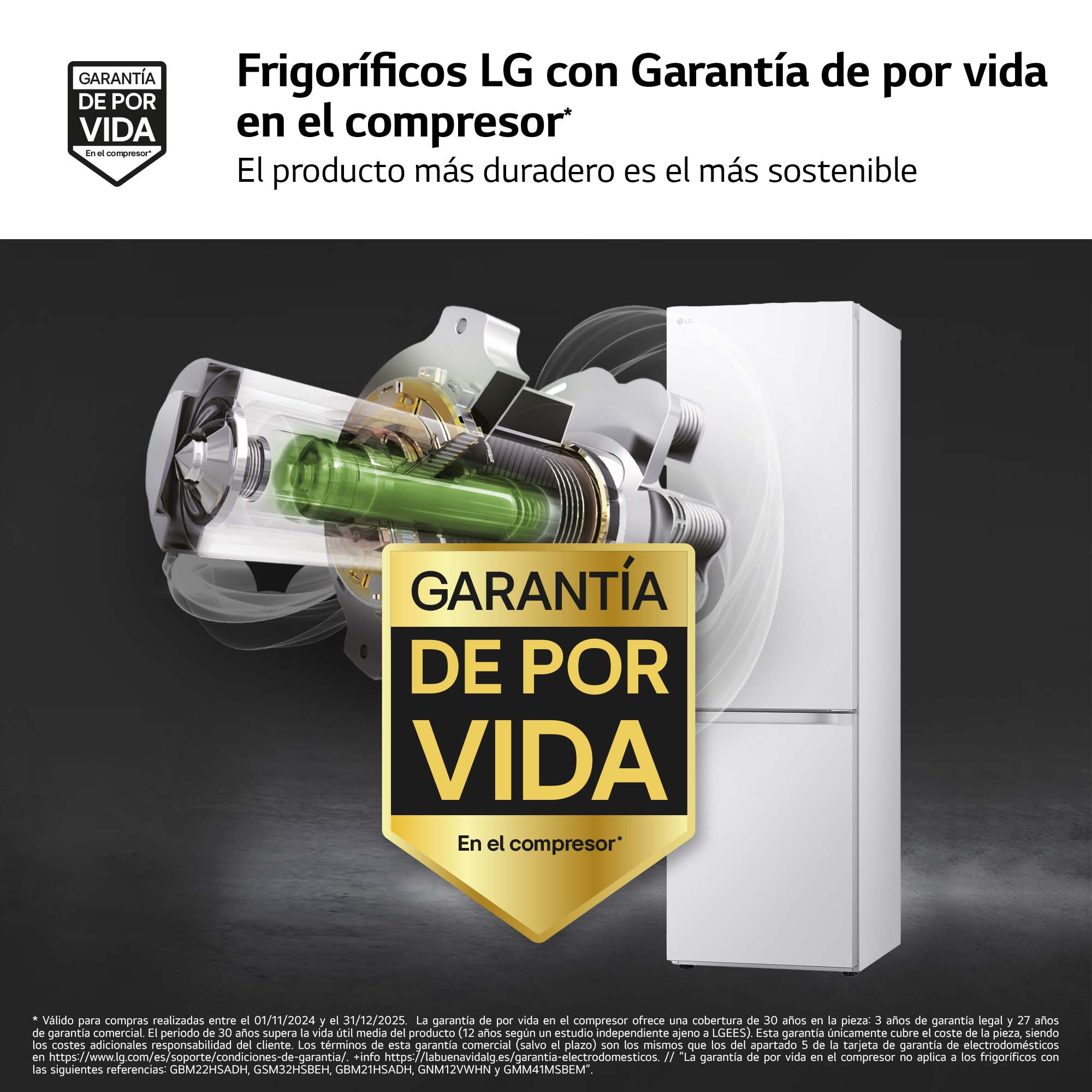Refrigerador LG con detalles de garantía y diagrama del compresor.