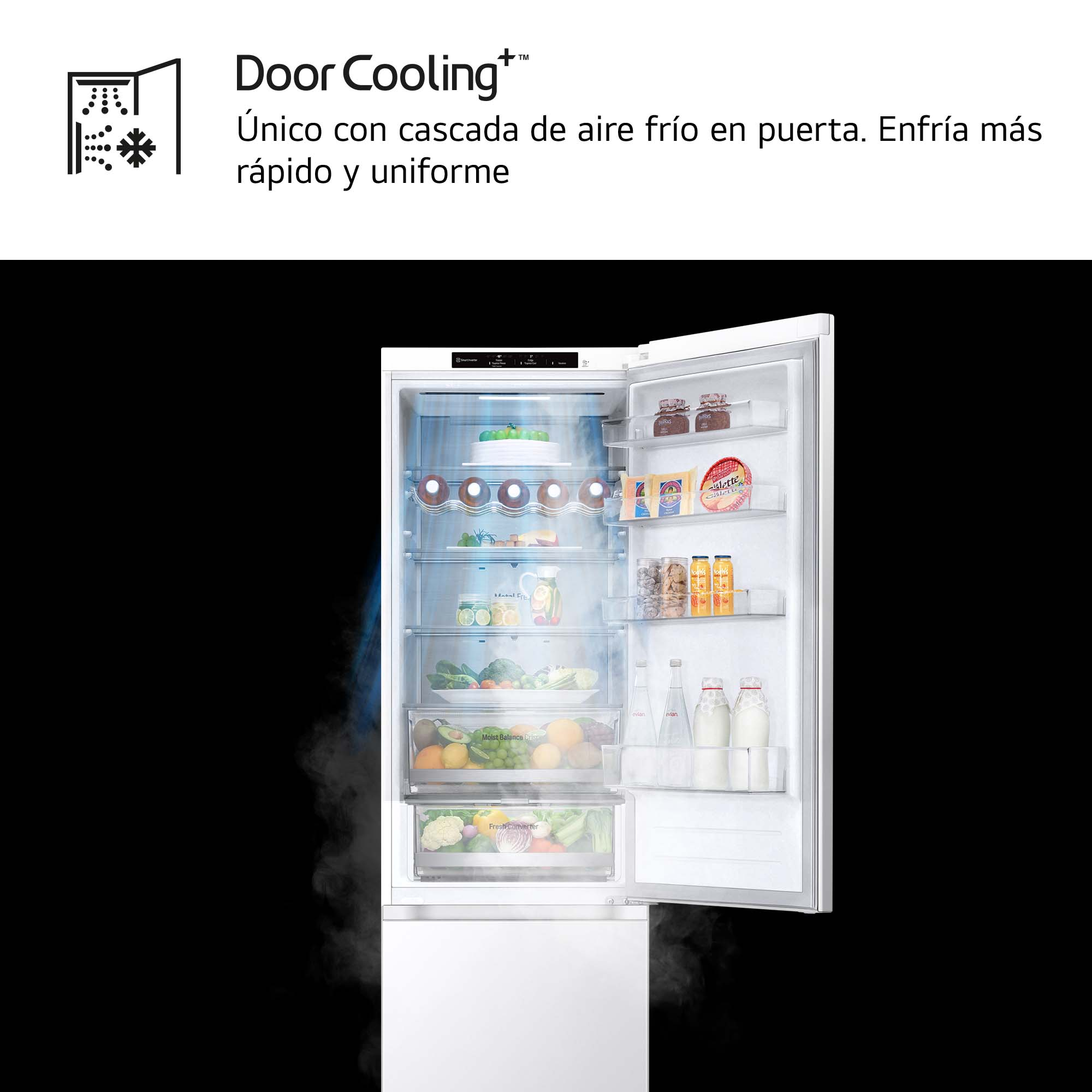 Refrigerador con puerta abierta, mostrando el interior y texto 'Door Cooling+'.