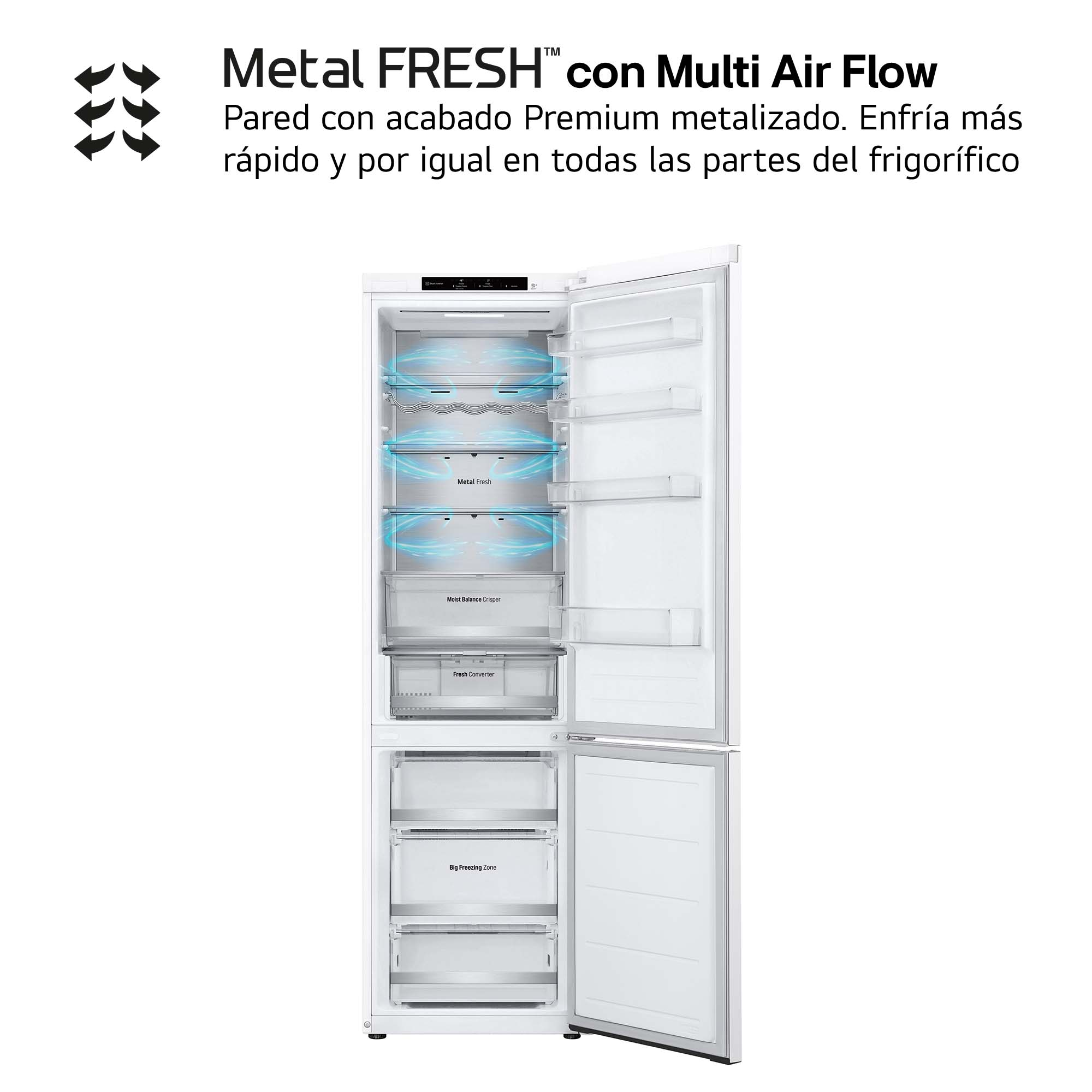 Refrigerador blanco con puerta abierta, mostrando compartimentos internos.