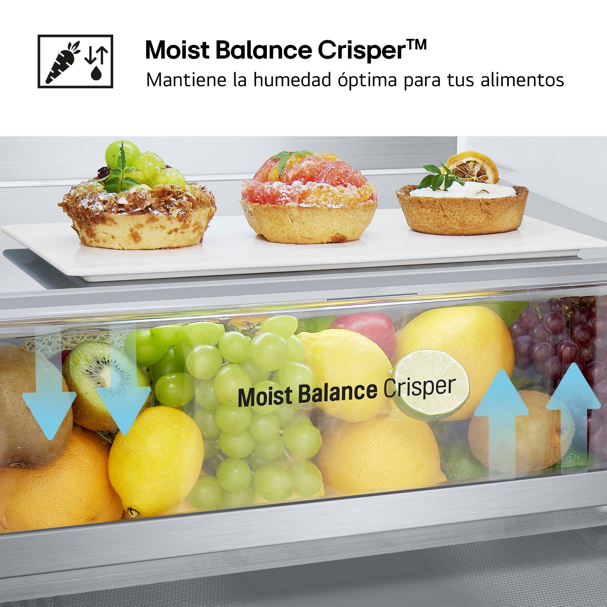 Interior del refrigerador, frutas en un cajón, el texto dice Moist Balance Crisper.