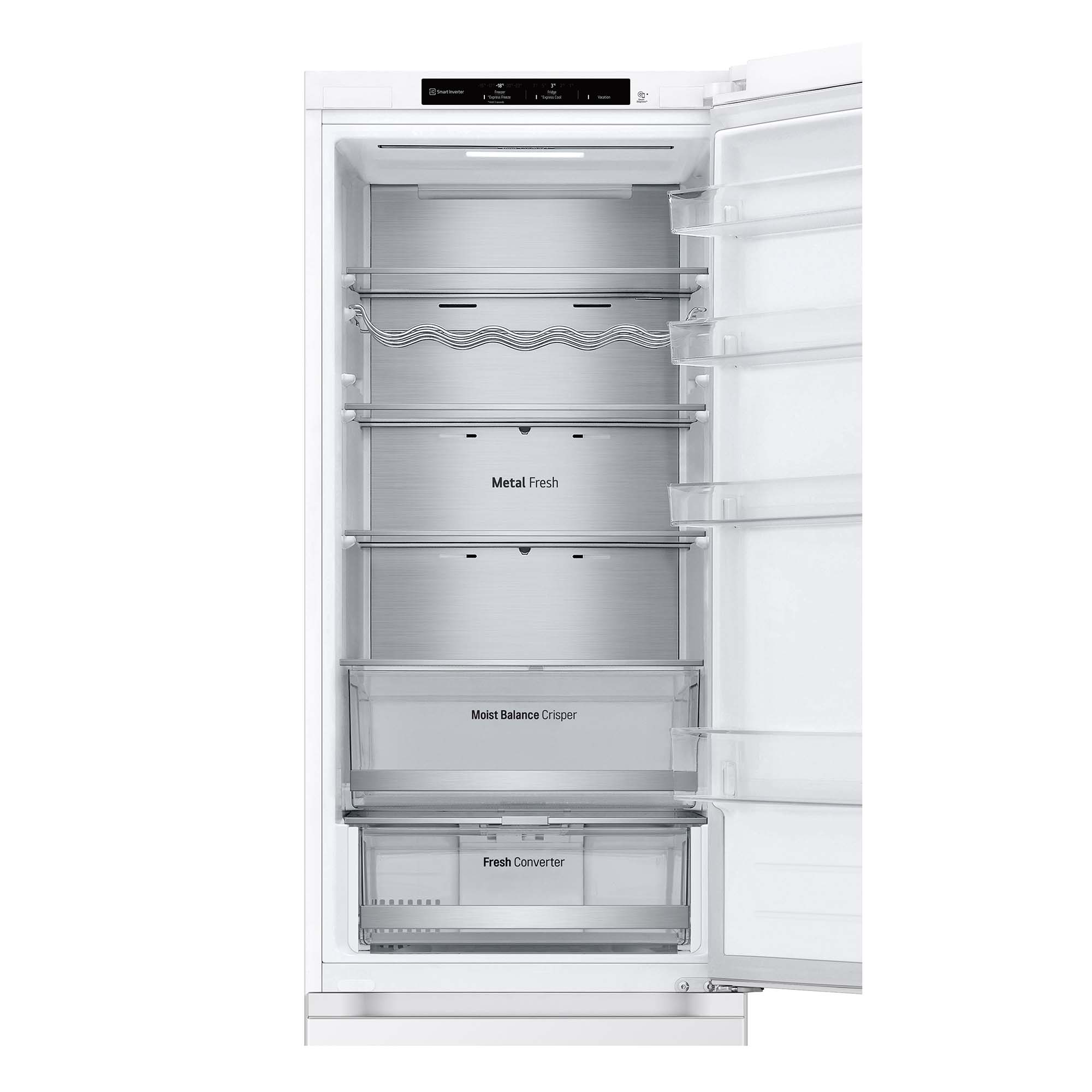 Interior de un refrigerador blanco con estantes y cajones.