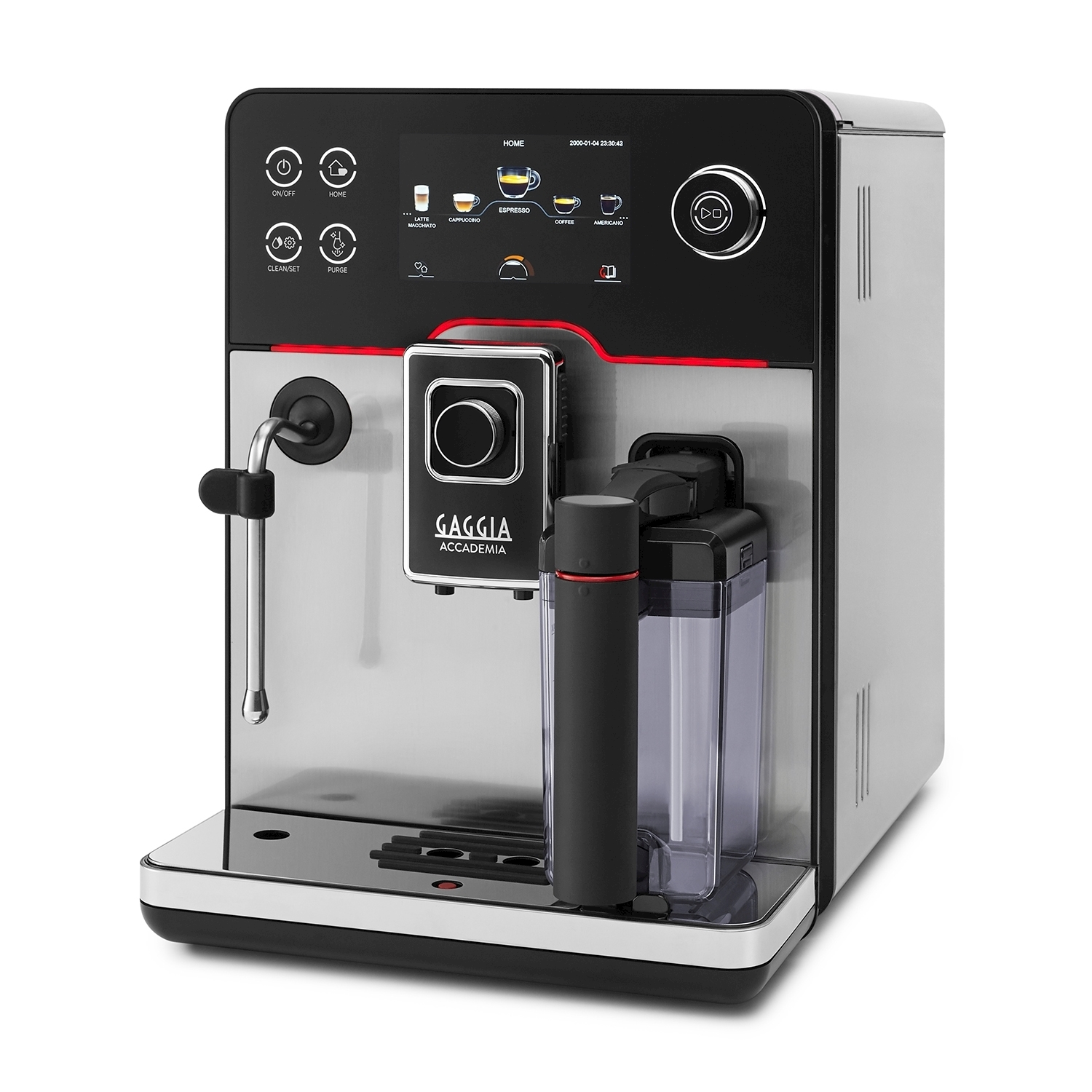Una macchina per espresso Gaggia Academia, in acciaio inox e nera, con display touchscreen e lancia vapore.