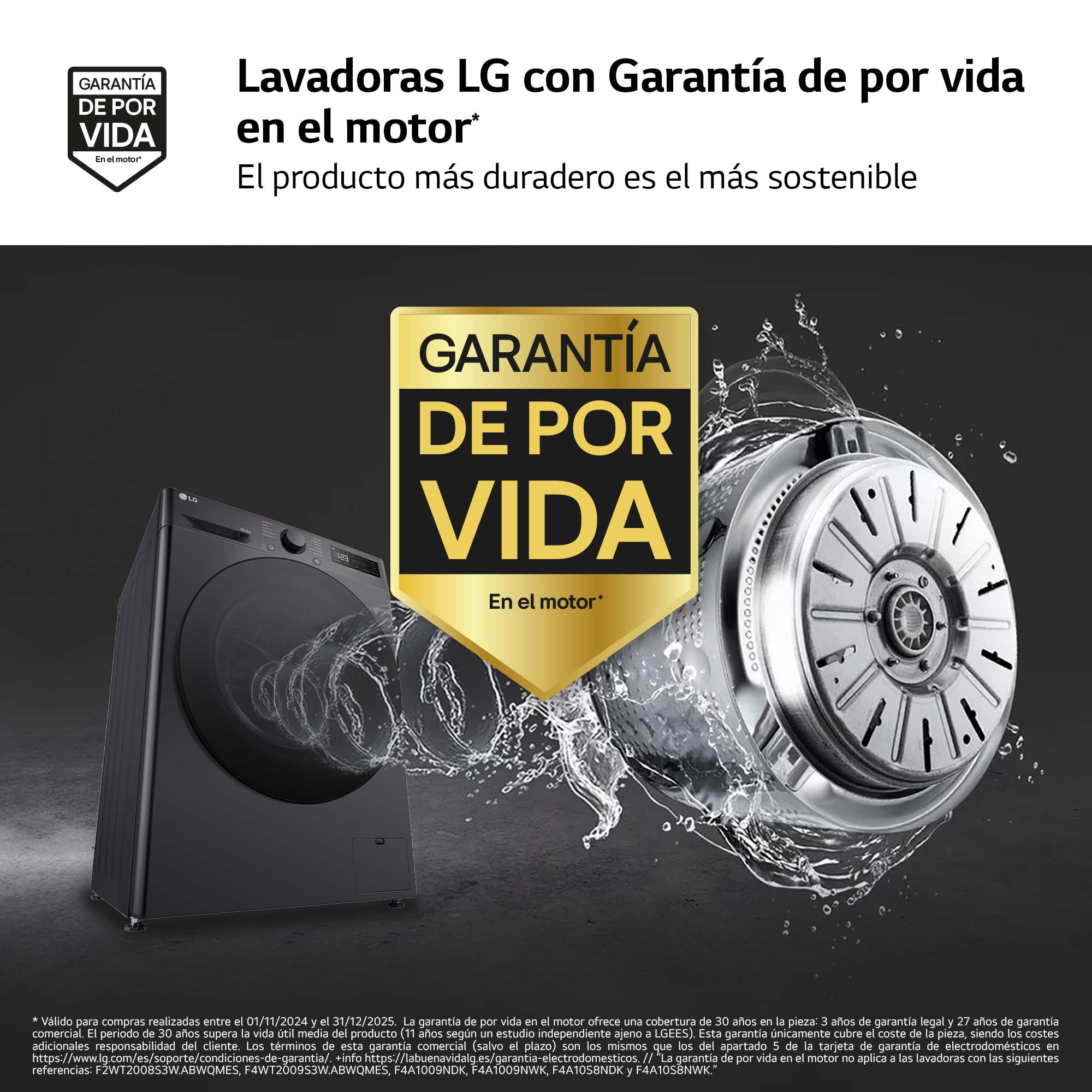 Una lavadora negra con un logotipo de garantía y un tambor giratorio.