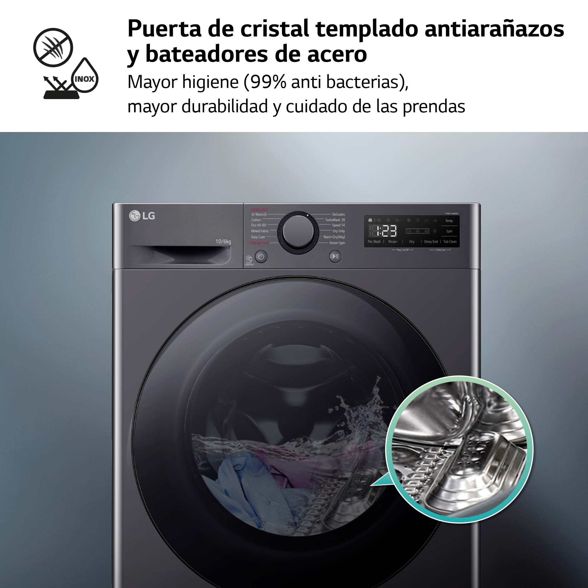 Una lavadora LG negra con puerta de vidrio y un primer plano.