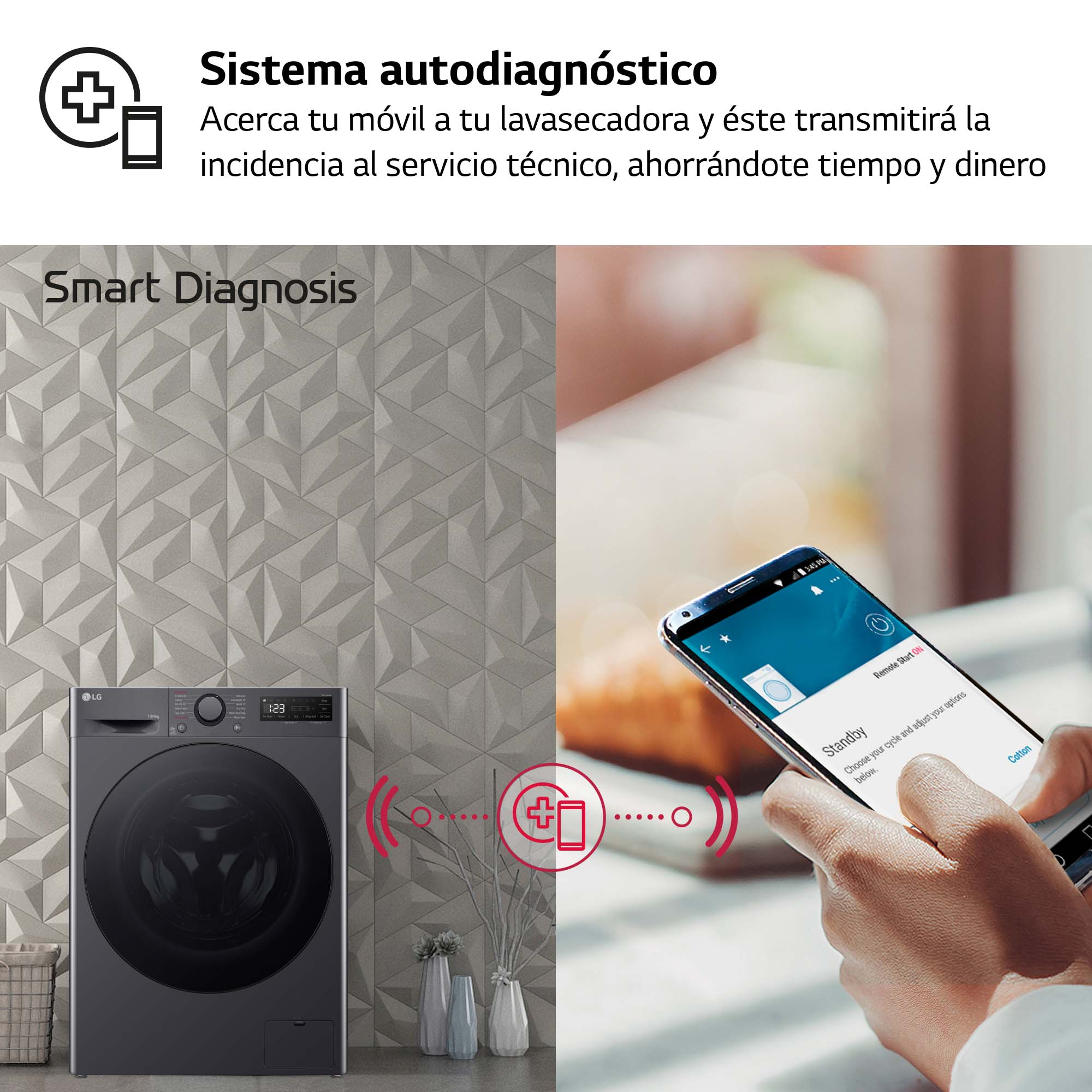 Una lavadora junto a una pared gris con el logotipo de Smart Diagnosis.