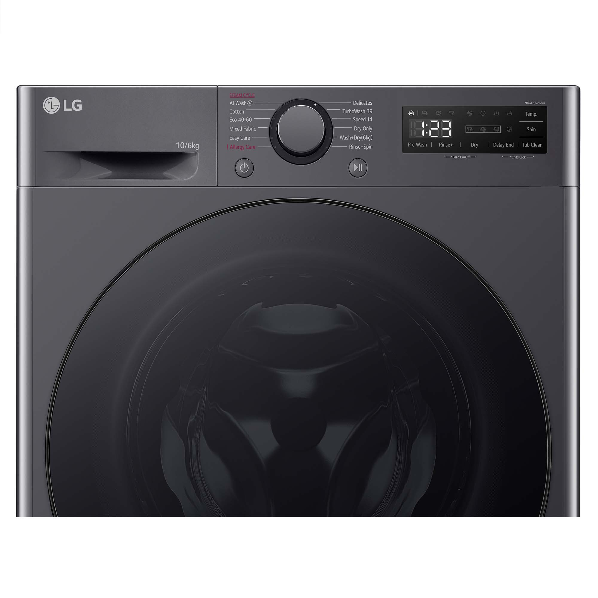 Un primer plano del panel de control de una lavadora negra.