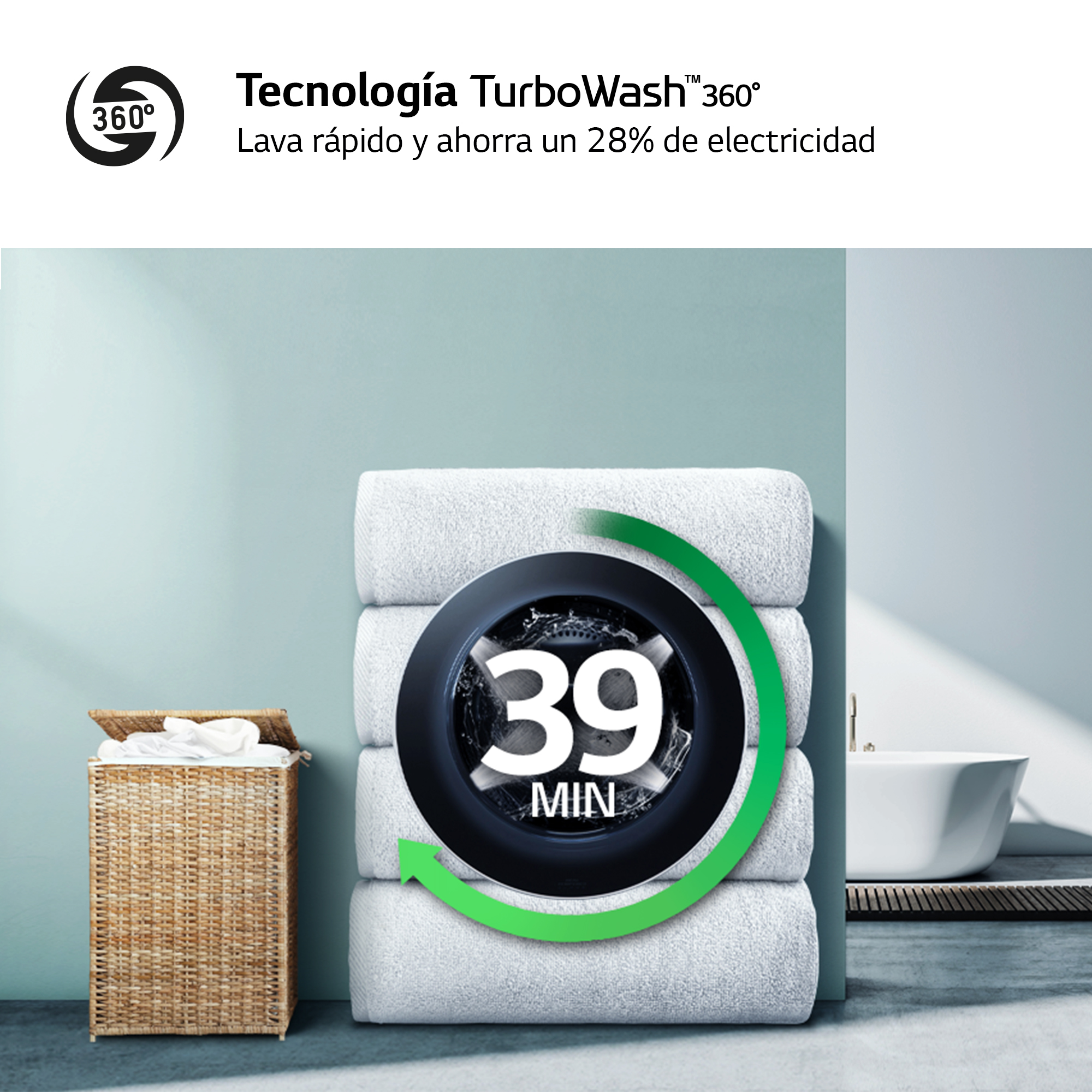 Toallas blancas apiladas junto a una cesta de lavandería de mimbre y un dial con '39 MIN'.
