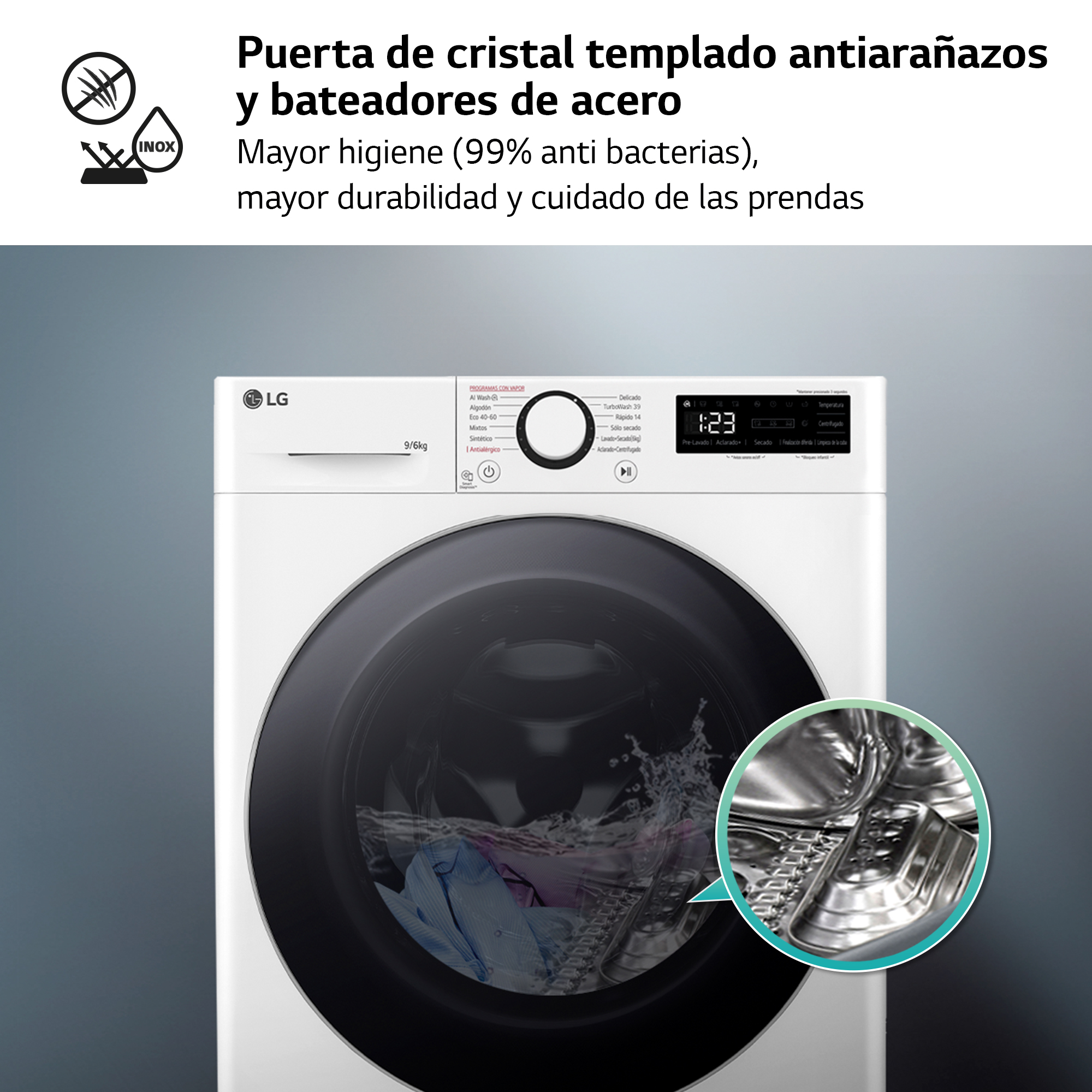 Lavadora LG blanca. Texto: puerta de vidrio templado y bateadores de acero.