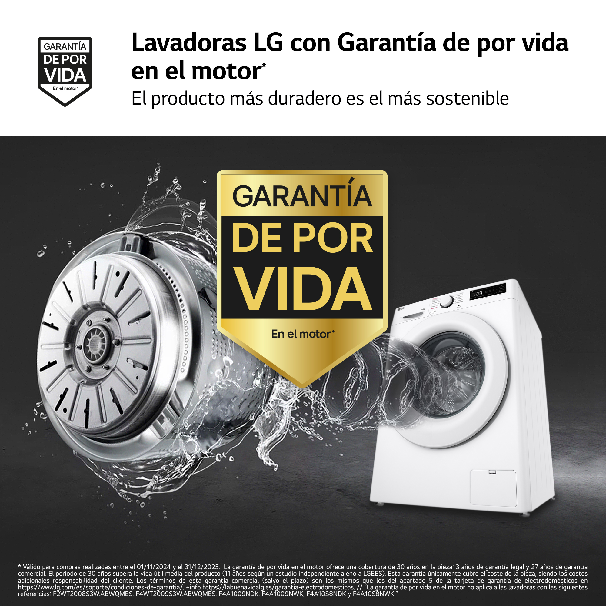 Lavadora LG, garantía de por vida, con tambor de lavadora y agua.