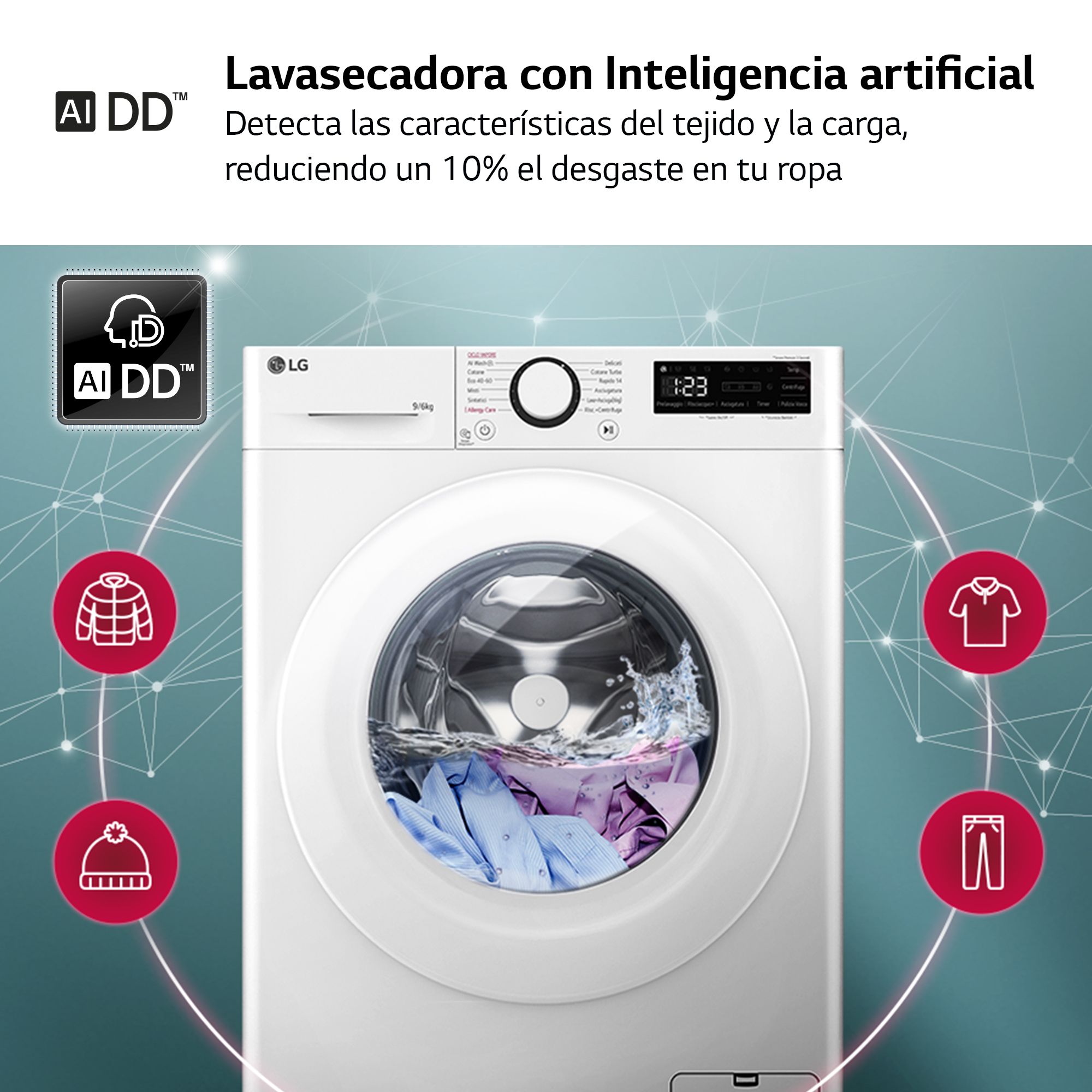 Mujer sosteniendo una camisa rosa, con lavadora y texto: algodón turbo.